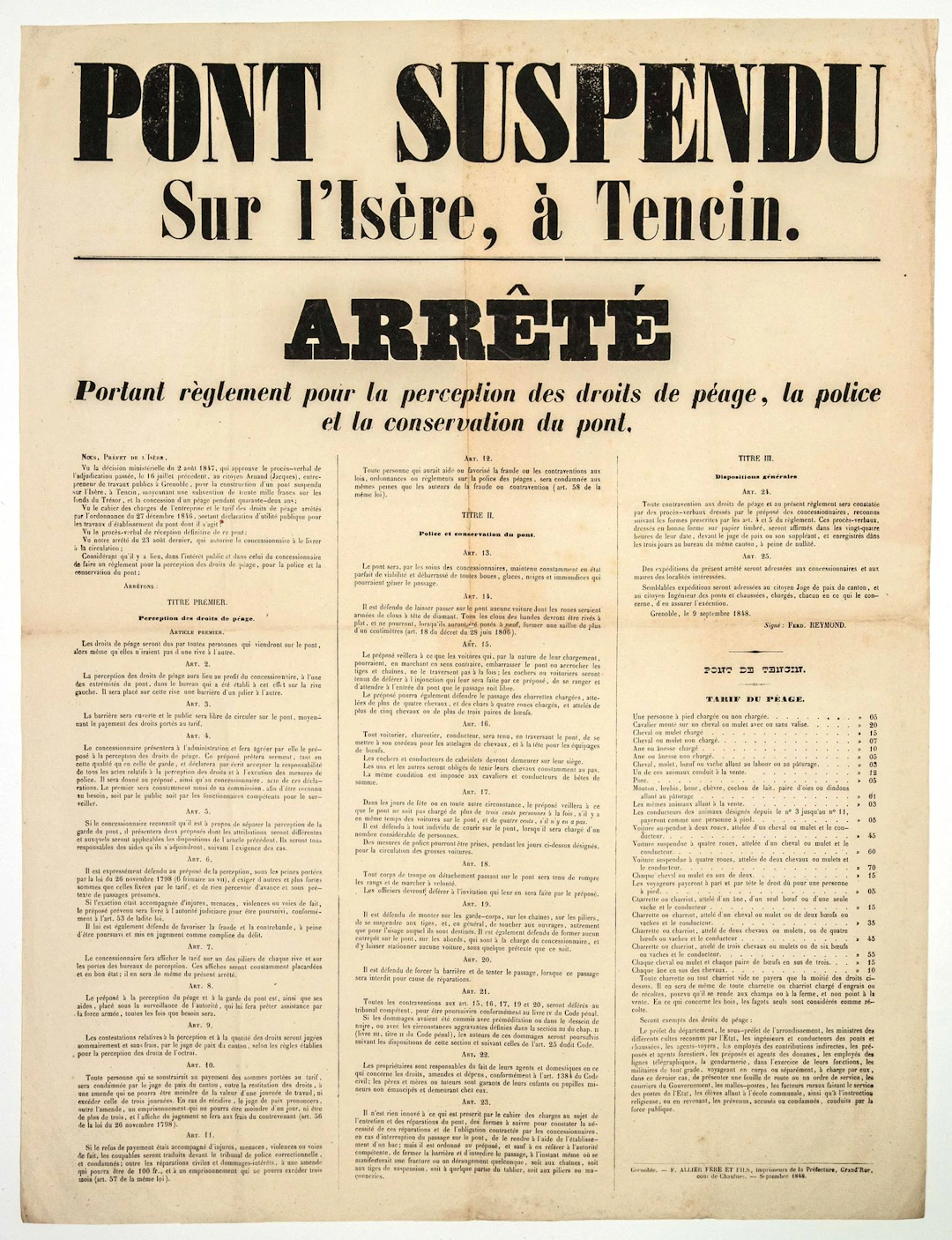 "PONT SUSPENDU SUR L'ISÈRE, à TENCIN. Arrêté portant règleme - Lot 543