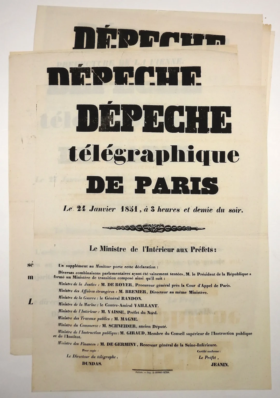PARIS. VIENNE. 1851 - 6 Affiches " DÉPÊCHES TÉLÉGRAPHIQUES D - Lot 550