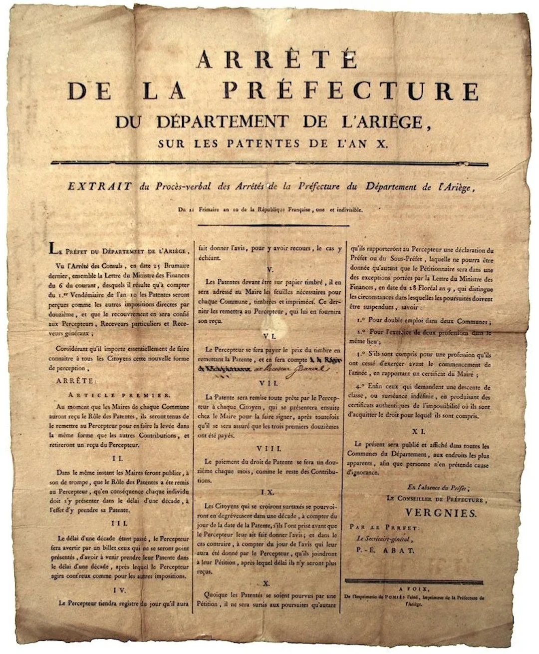 ARIÈGE. "ARRÊTÉ de la Préfecture du département de l'ARIÈGE, - Lot 316