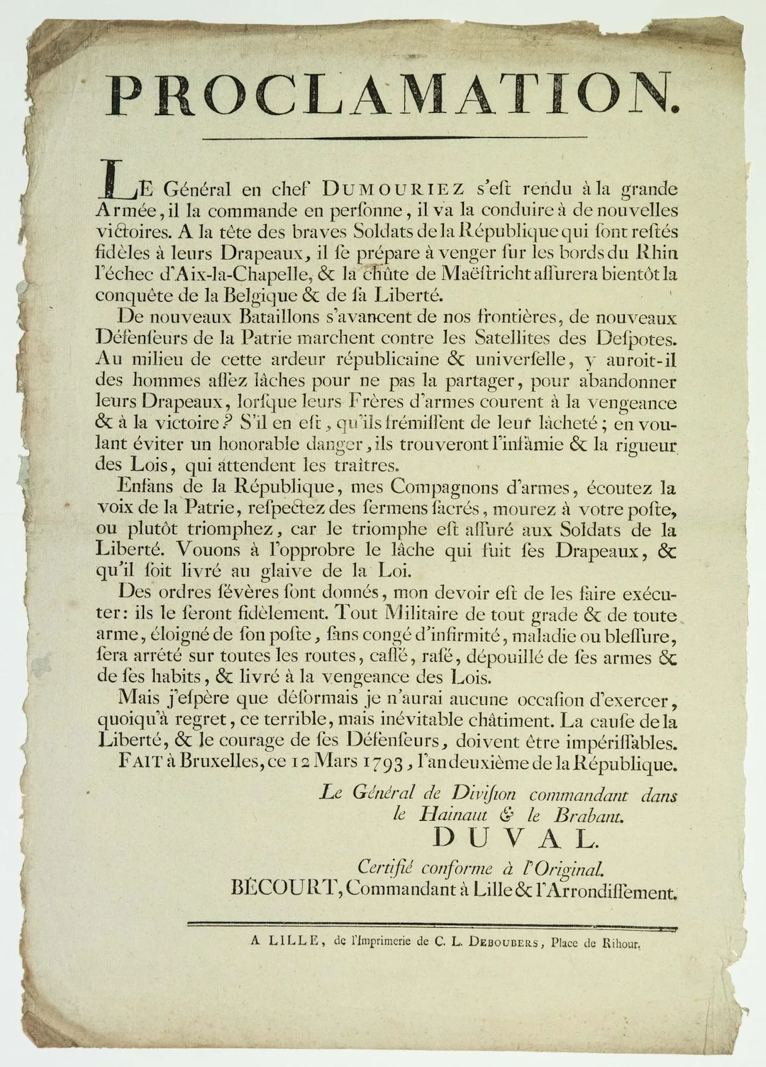 DUMOURIEZ. 1793. CONQUEST OF BELGIUM: Proclamation by Major - Lot 219