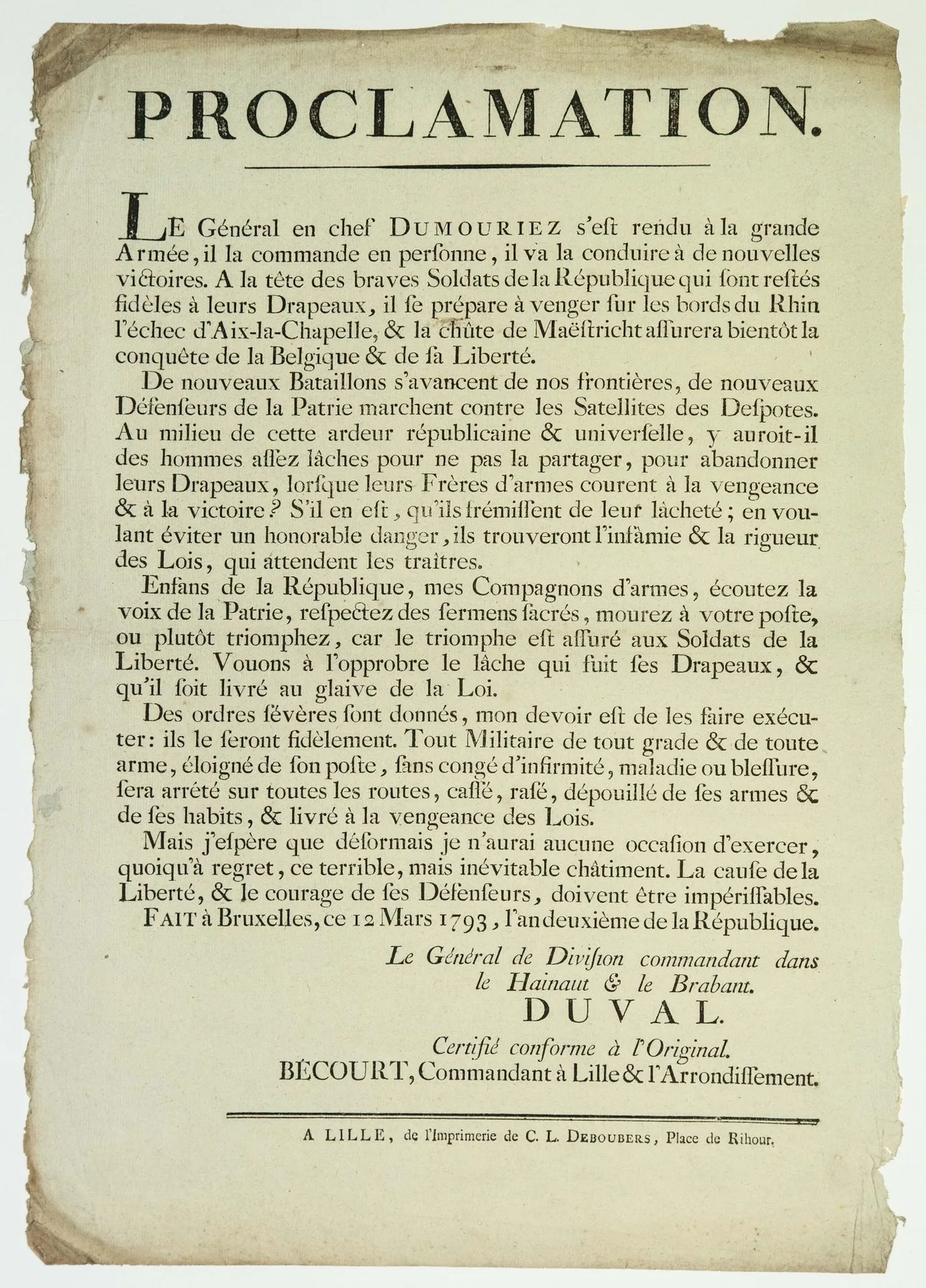 DUMOURIEZ. 1793. CONQUEST OF BELGIUM: Proclamation by Major - Lot 219