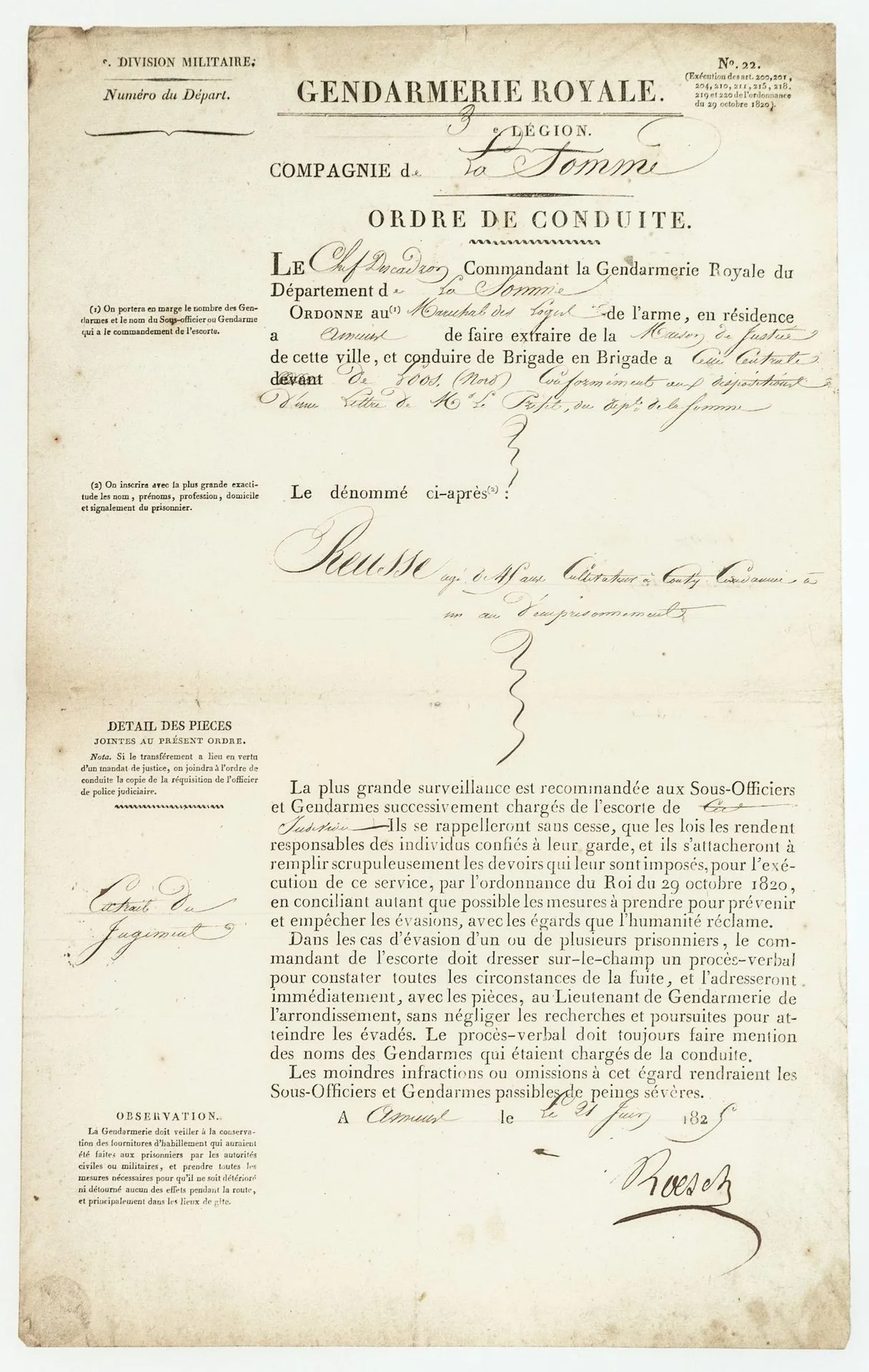 "GENDARMERIE ROYALE. Compagnie de LA SOMME " Order to escort - Lot 468