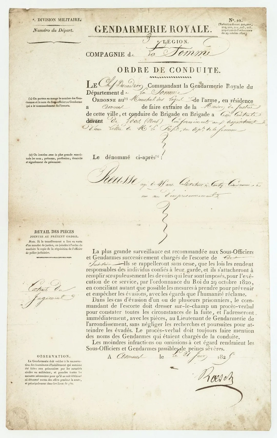 "GENDARMERIE ROYALE. Compagnie de LA SOMME " Order to escort - Lot 468