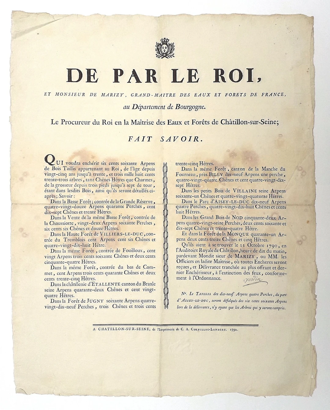 CÔTE D'OR. 1790. CHÂTILLON-SUR-SEINE. Wood auction in the Ma - Lot 187