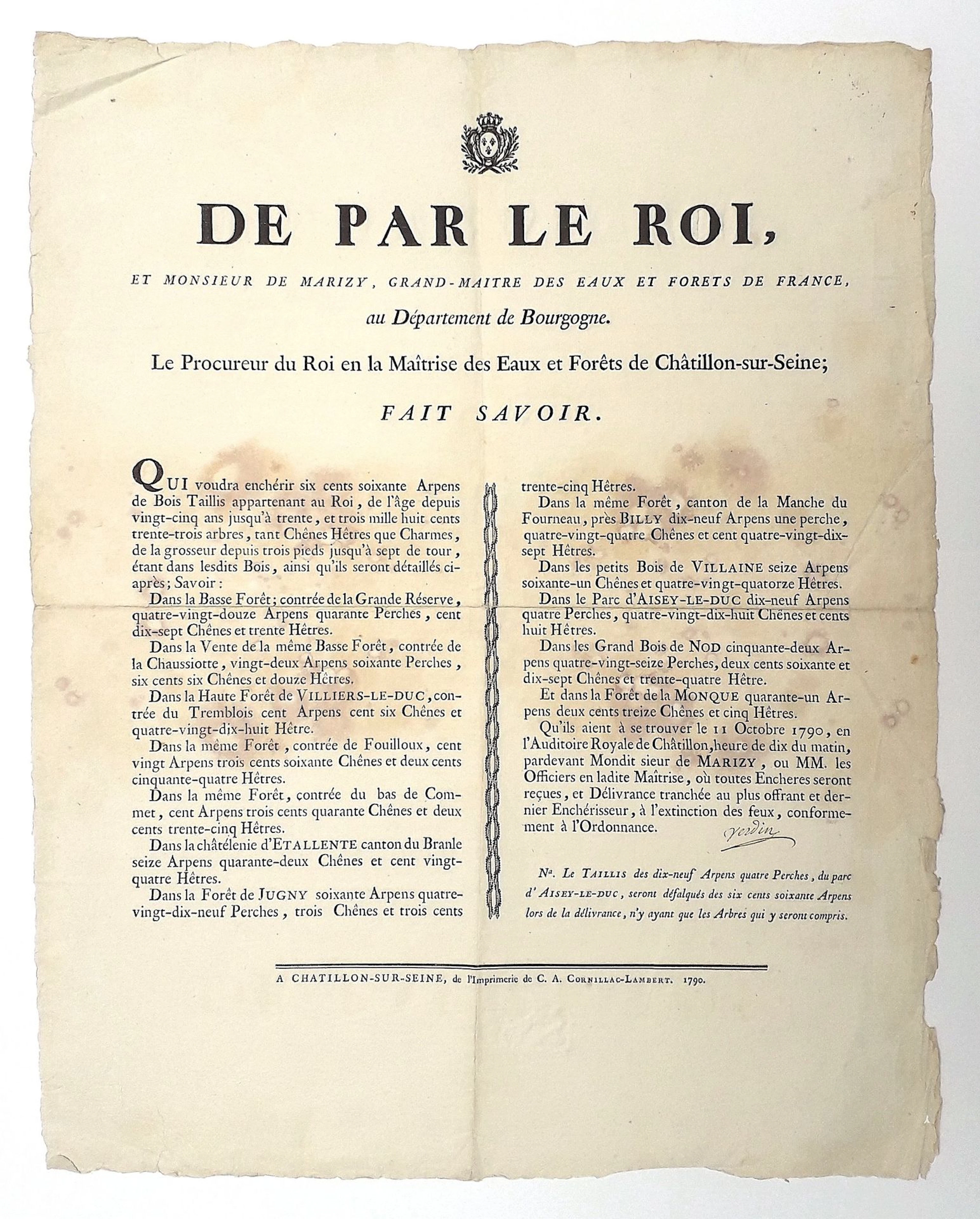 CÔTE D'OR. 1790. CHÂTILLON-SUR-SEINE. Wood auction in the Ma - Lot 187