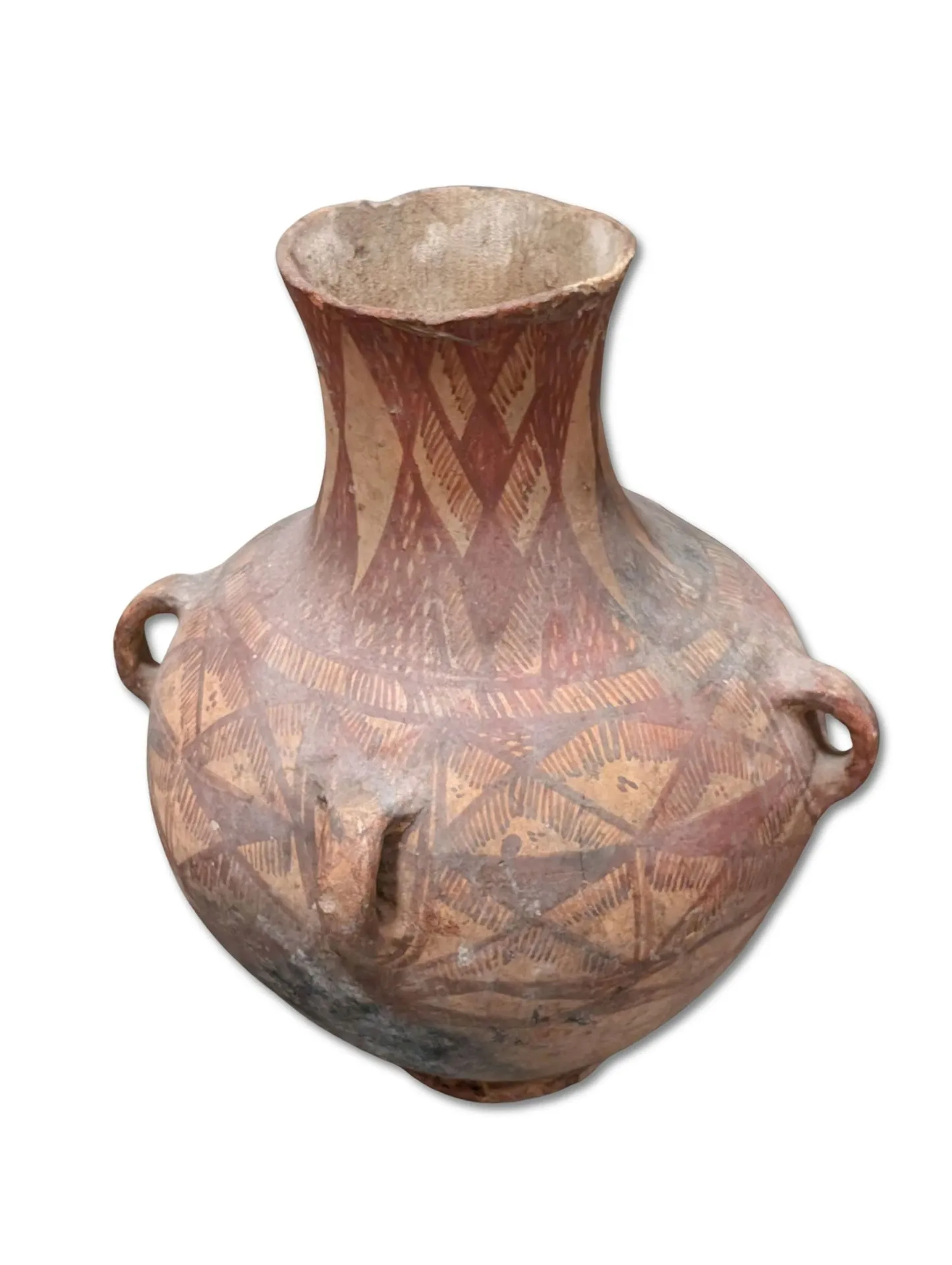 Large polychrome terracotta jar with handles and geometric d - Lot 63