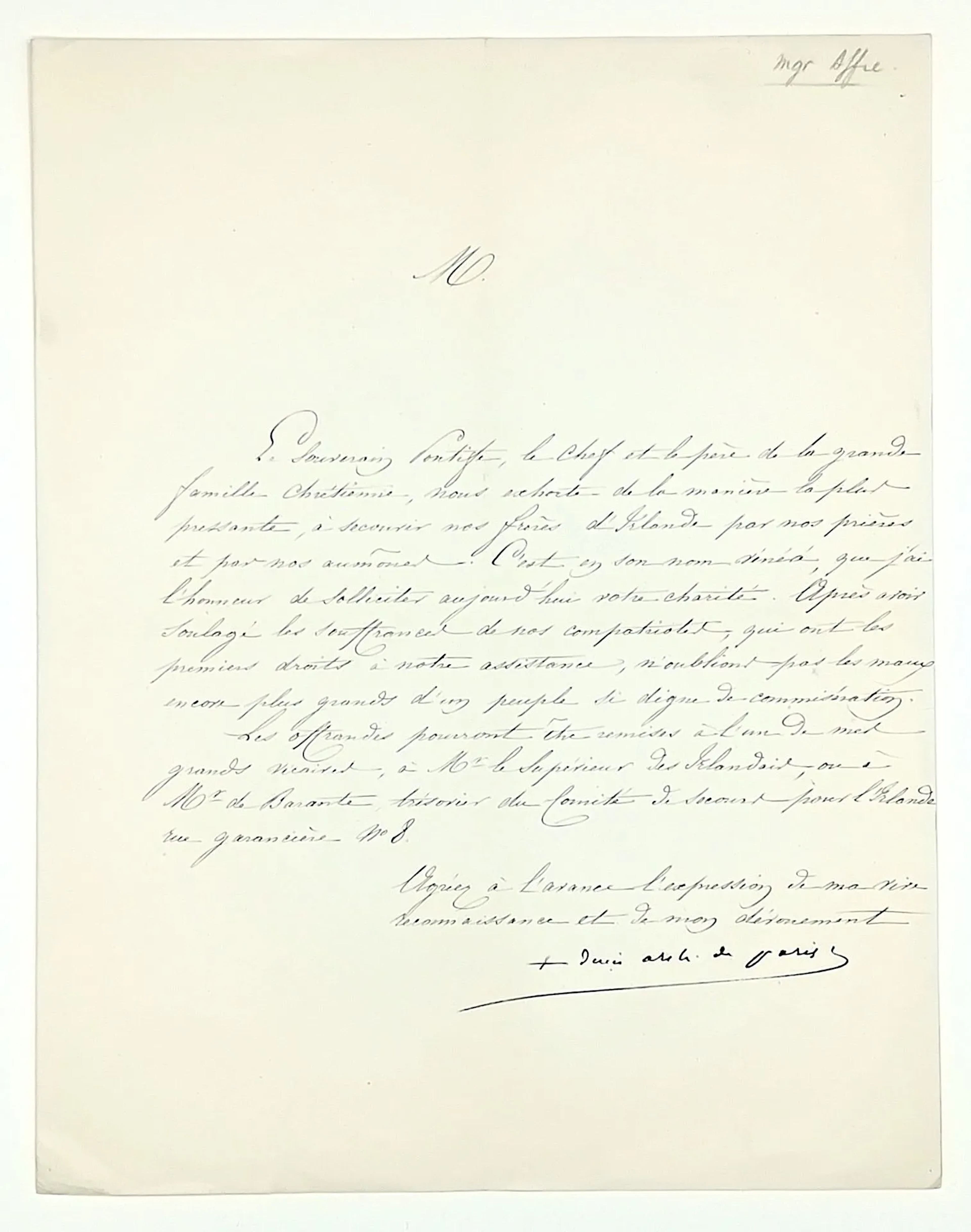 FAMINE IN IRELAND 1845-1851. Letter signed by Monseigneur AF - Lot 547