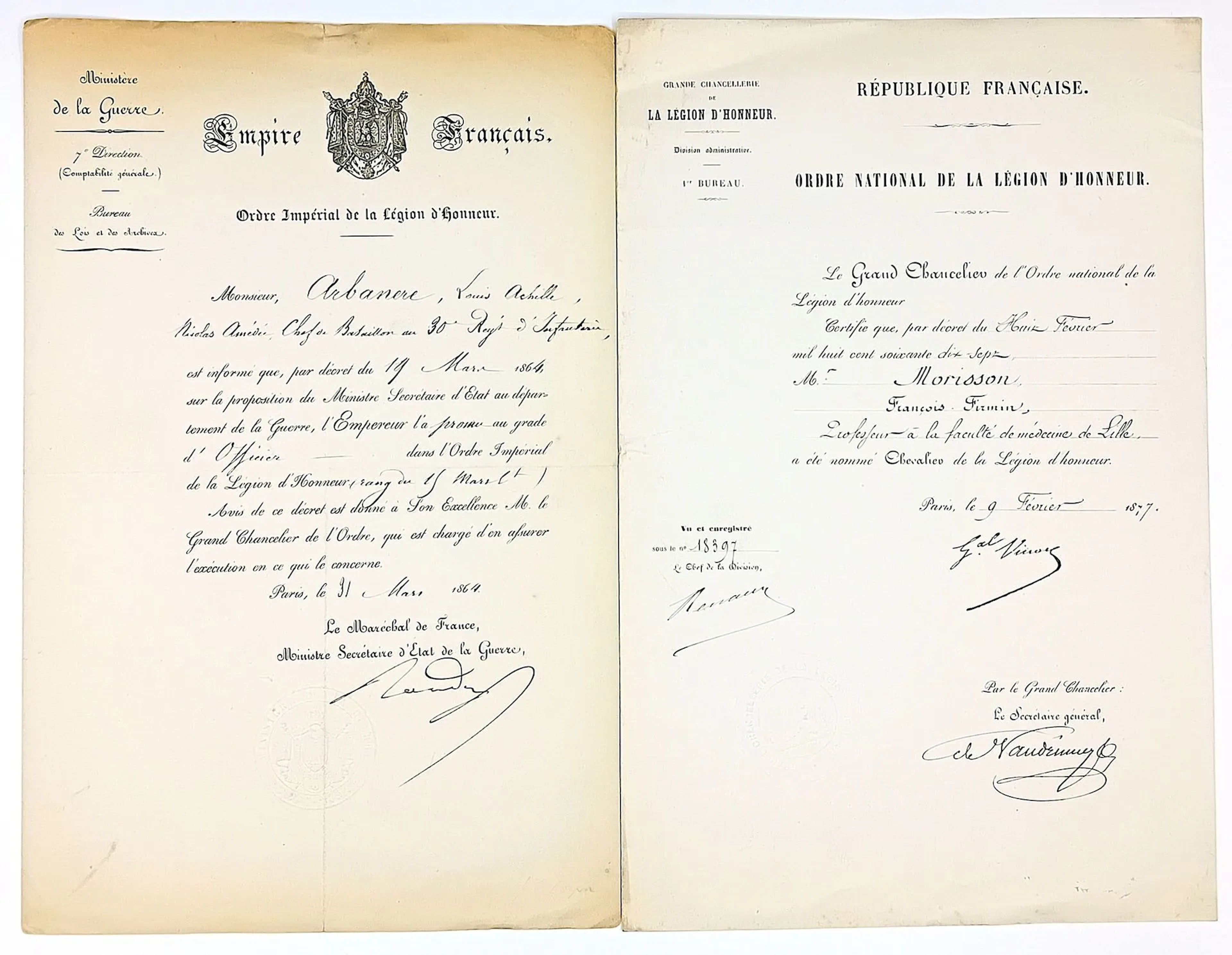 LEGION OF HONOR. 2 Documents: Promotion to the rank of Offic - Lot 601