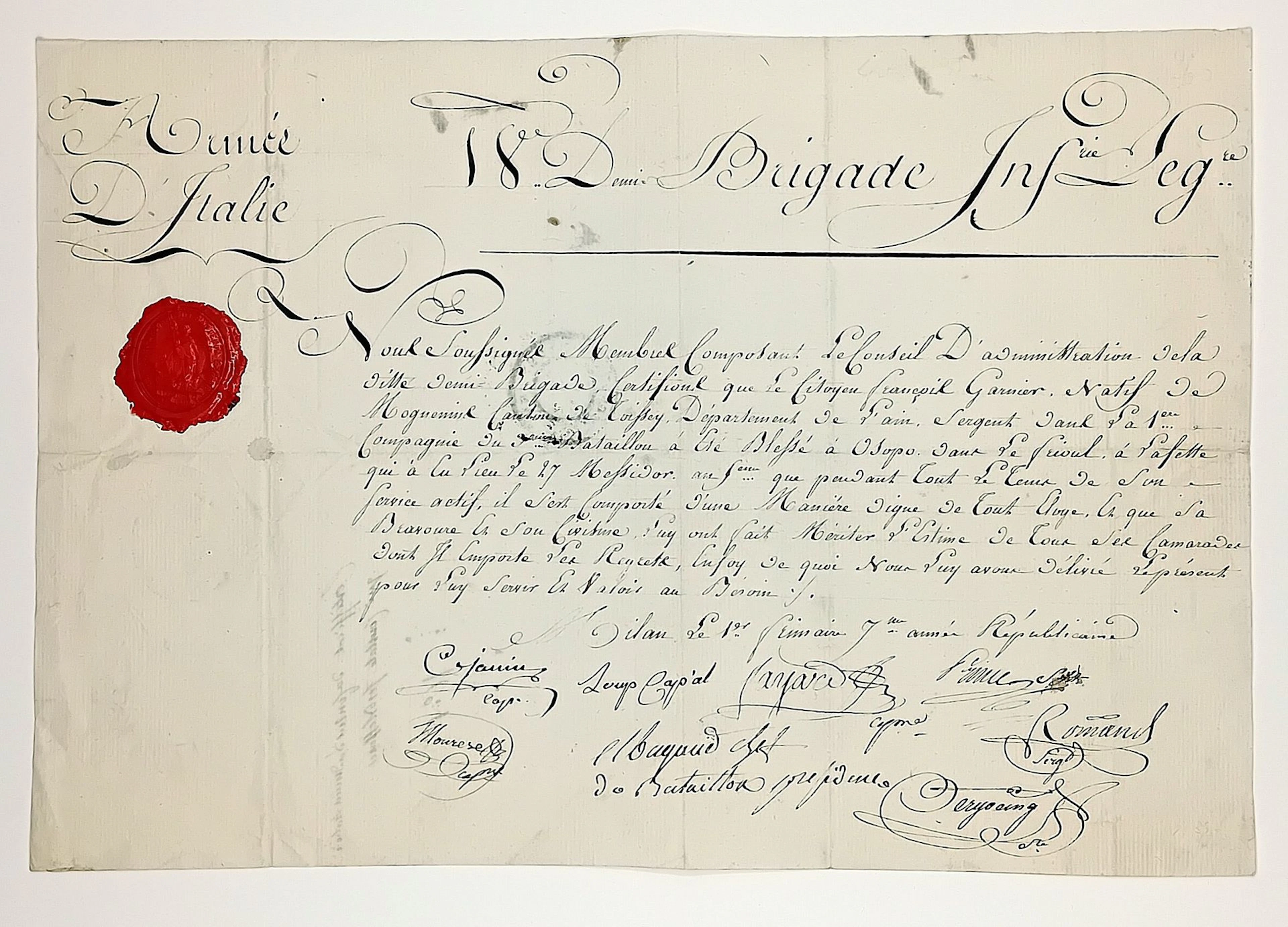 ARMÉE D'ITALIE - 18°Brigade INFANTERIE LÉGÈRE - Certificate - Lot 275