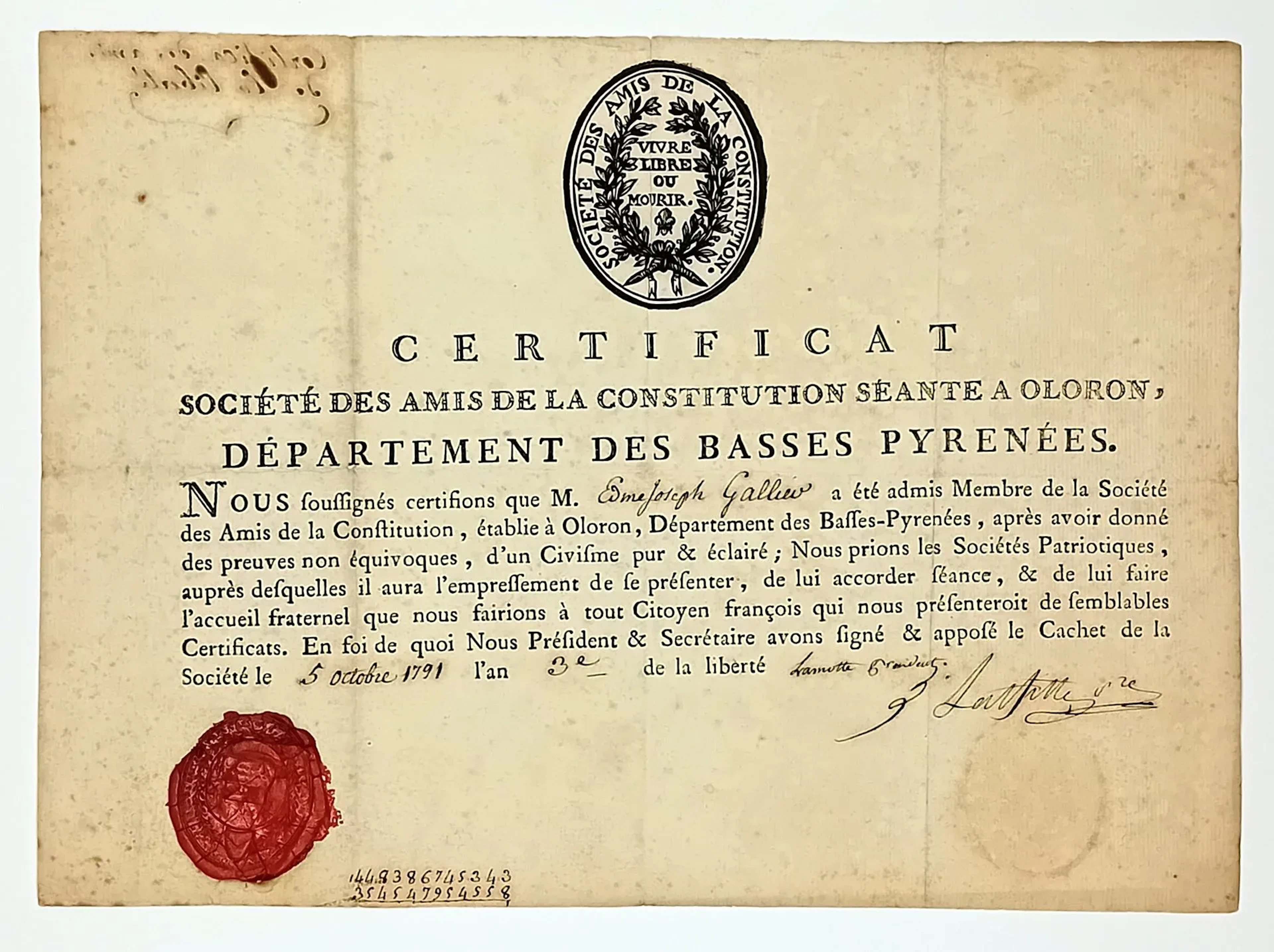 PYRÉNÉES-ATLANTIQUES. 1791. Société patriotique d'OLORON-SAI - Lot 203