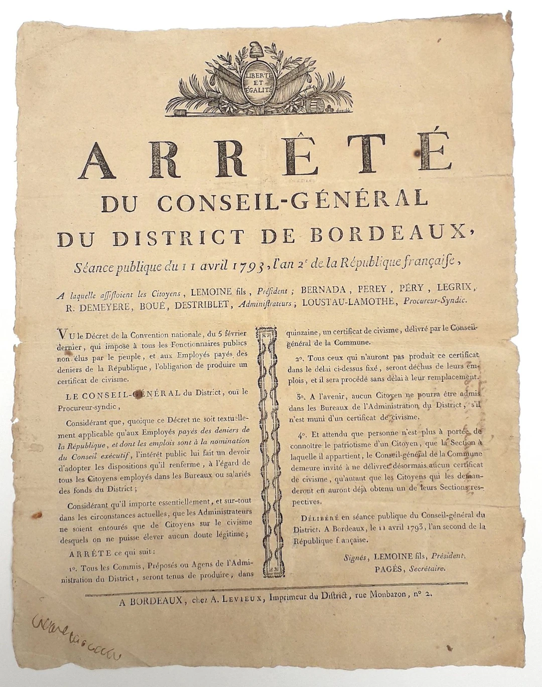 GIRONDE 1793. "Arrêté du Conseil-Général du district de BORD - Lot 221