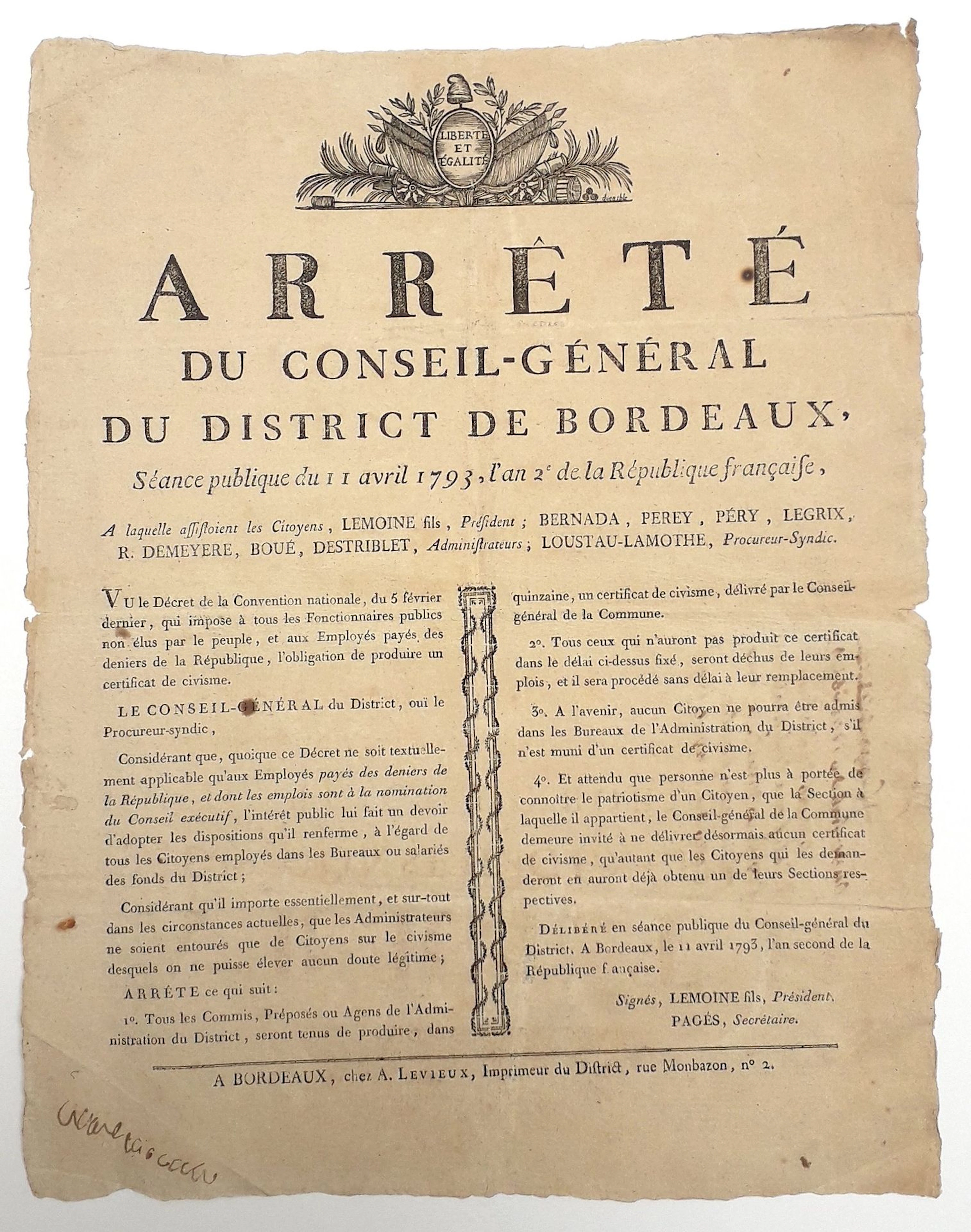 GIRONDE 1793. "Arrêté du Conseil-Général du district de BORD - Lot 221