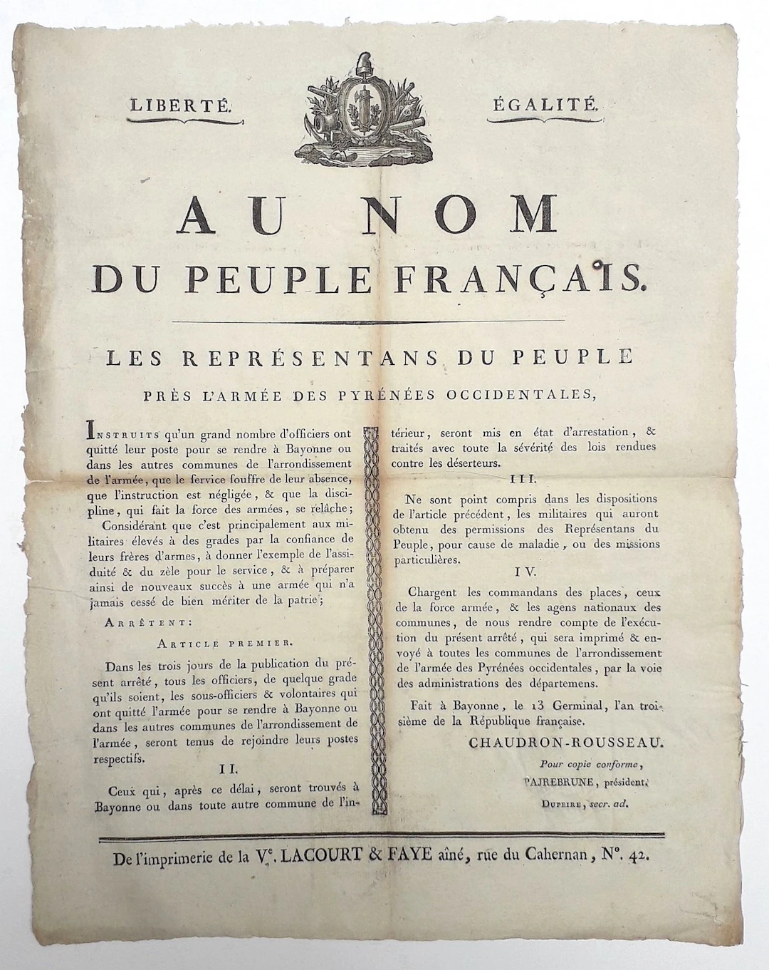 PYRÉNÉES-ATLANTIQUES. BAYONNE 1795. “In the Name of the Fren - Lot 246
