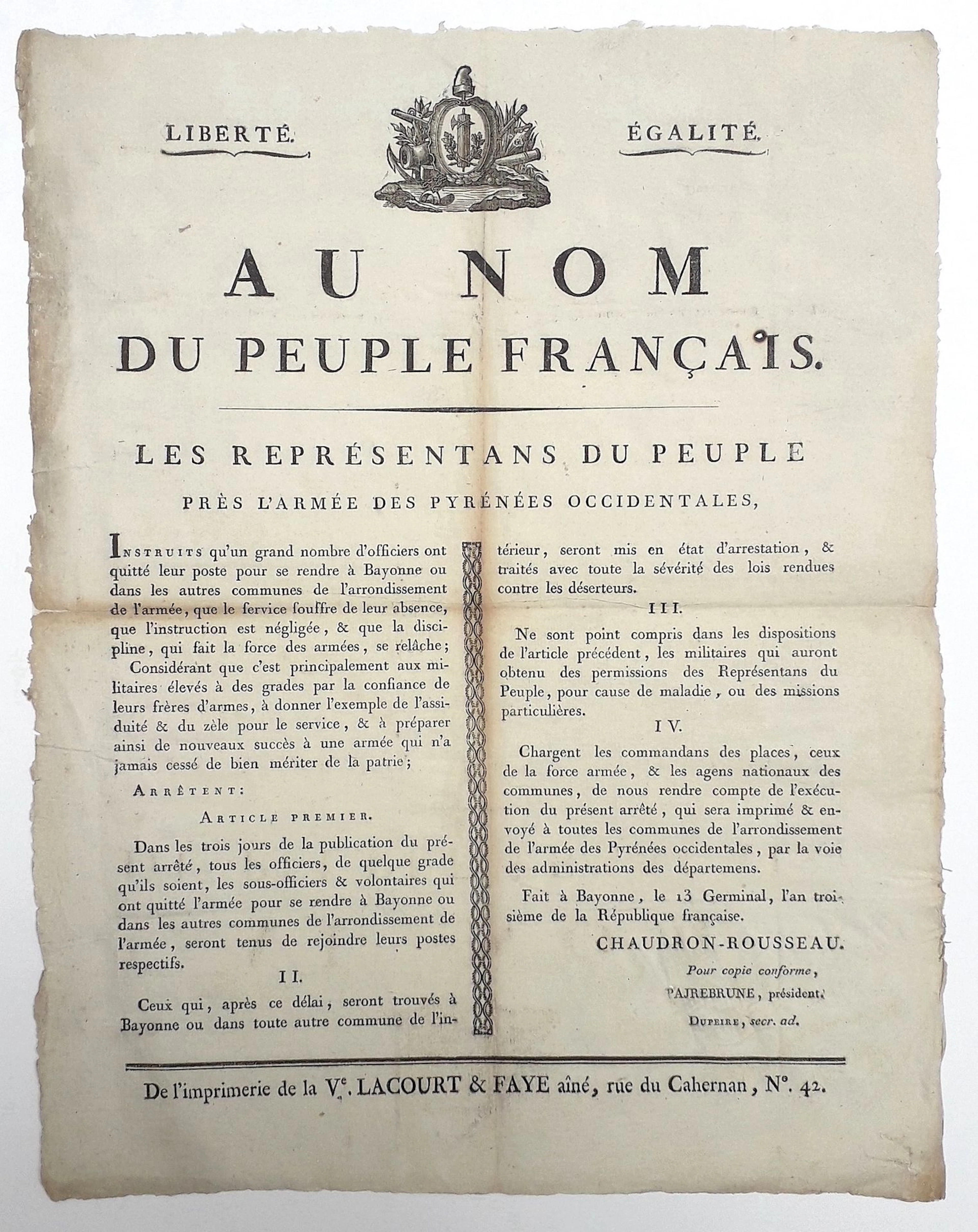 PYRÉNÉES-ATLANTIQUES. BAYONNE 1795. “In the Name of the Fren - Lot 246