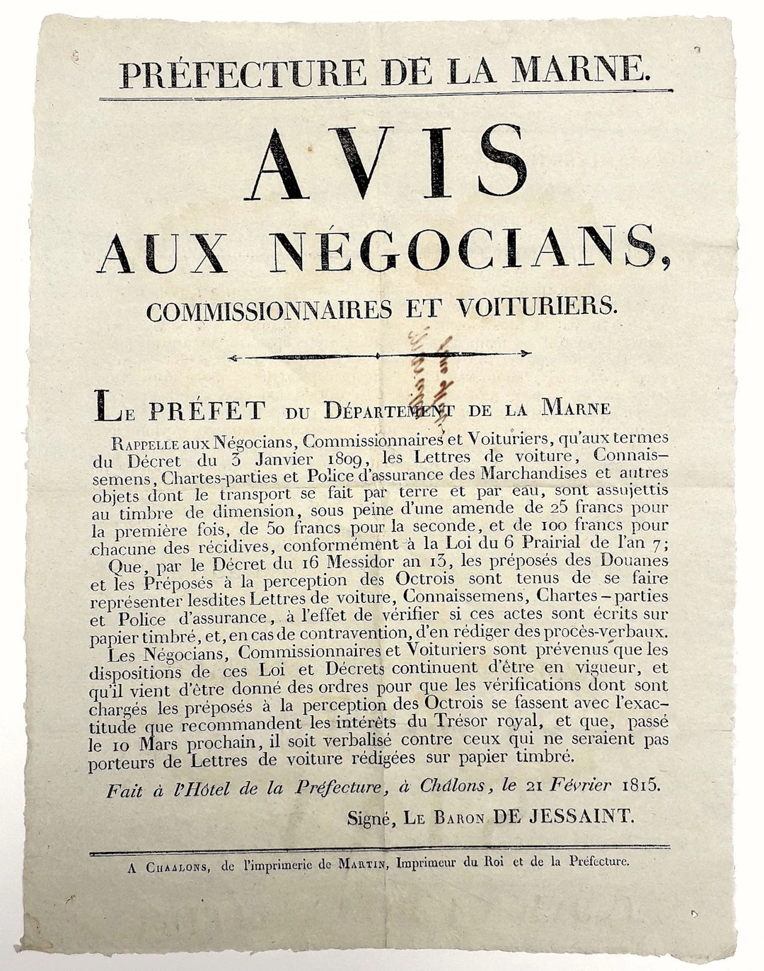 MARNE. 1815. CUSTOMS. STAMPED PAPER. Avis du Le Baron DE JES - Lot 406