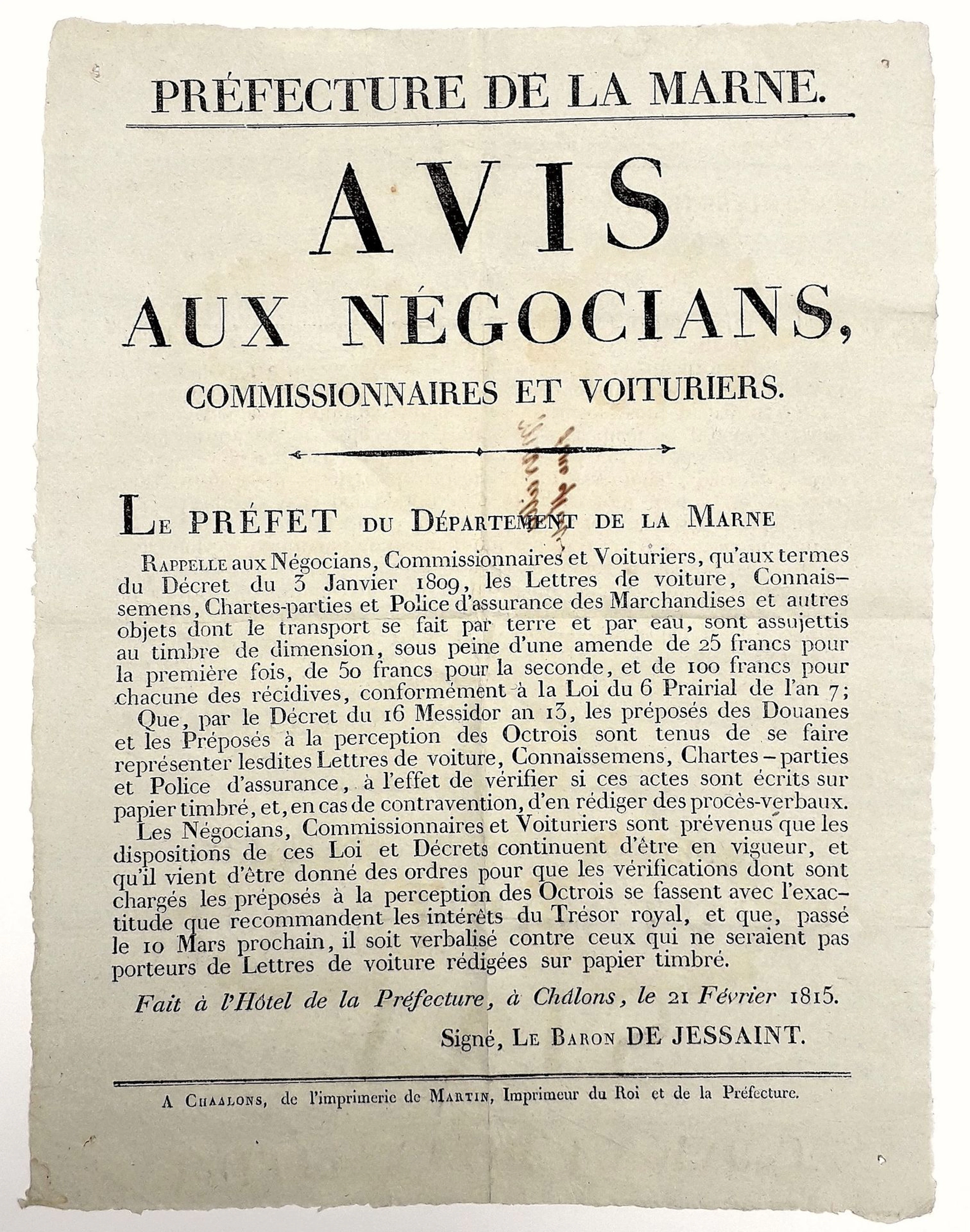 MARNE. 1815. CUSTOMS. STAMPED PAPER. Avis du Le Baron DE JES - Lot 406