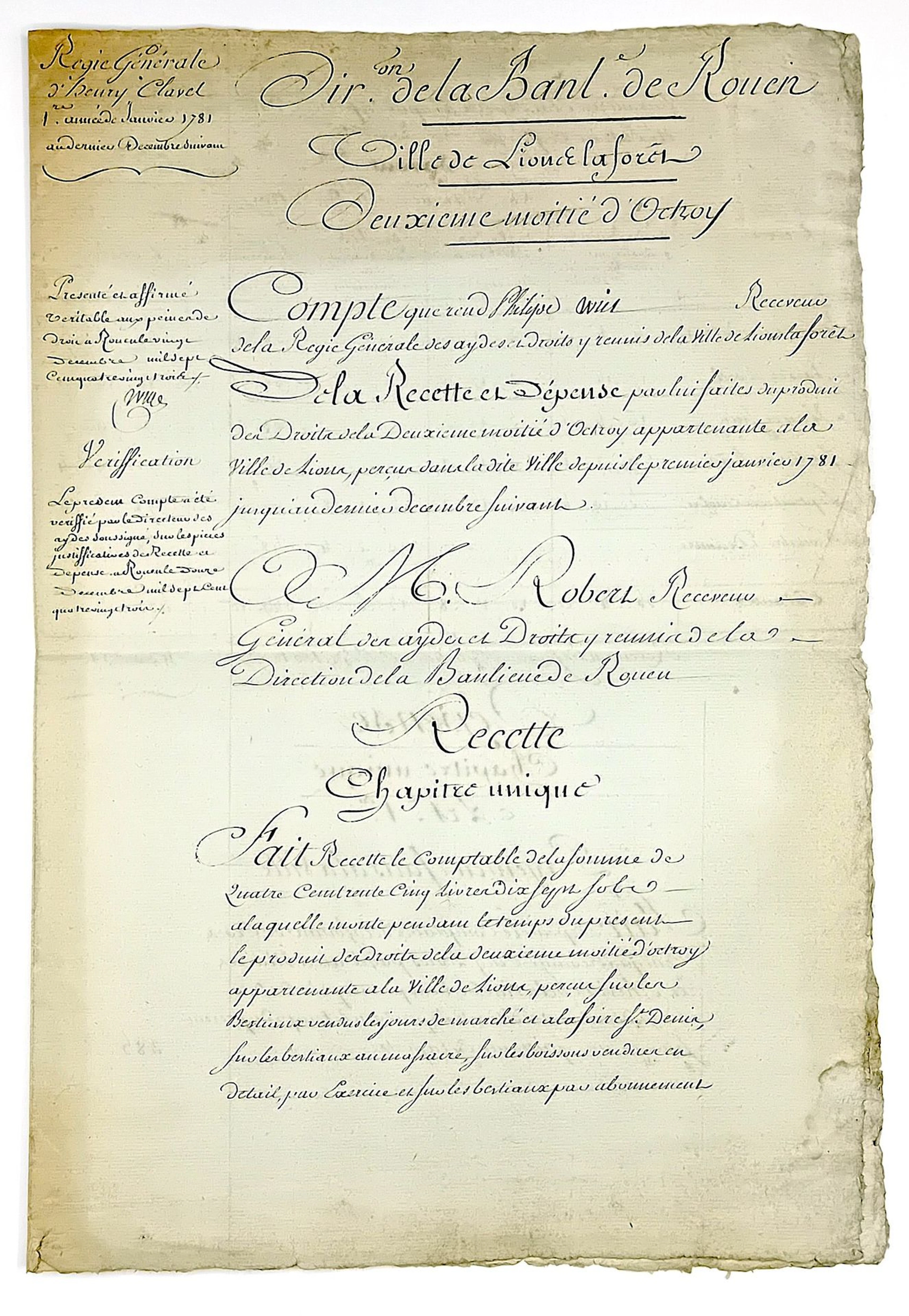 EURE. “Town of LIONS LA FORÊT. Statements of Account for Exc - Lot 139