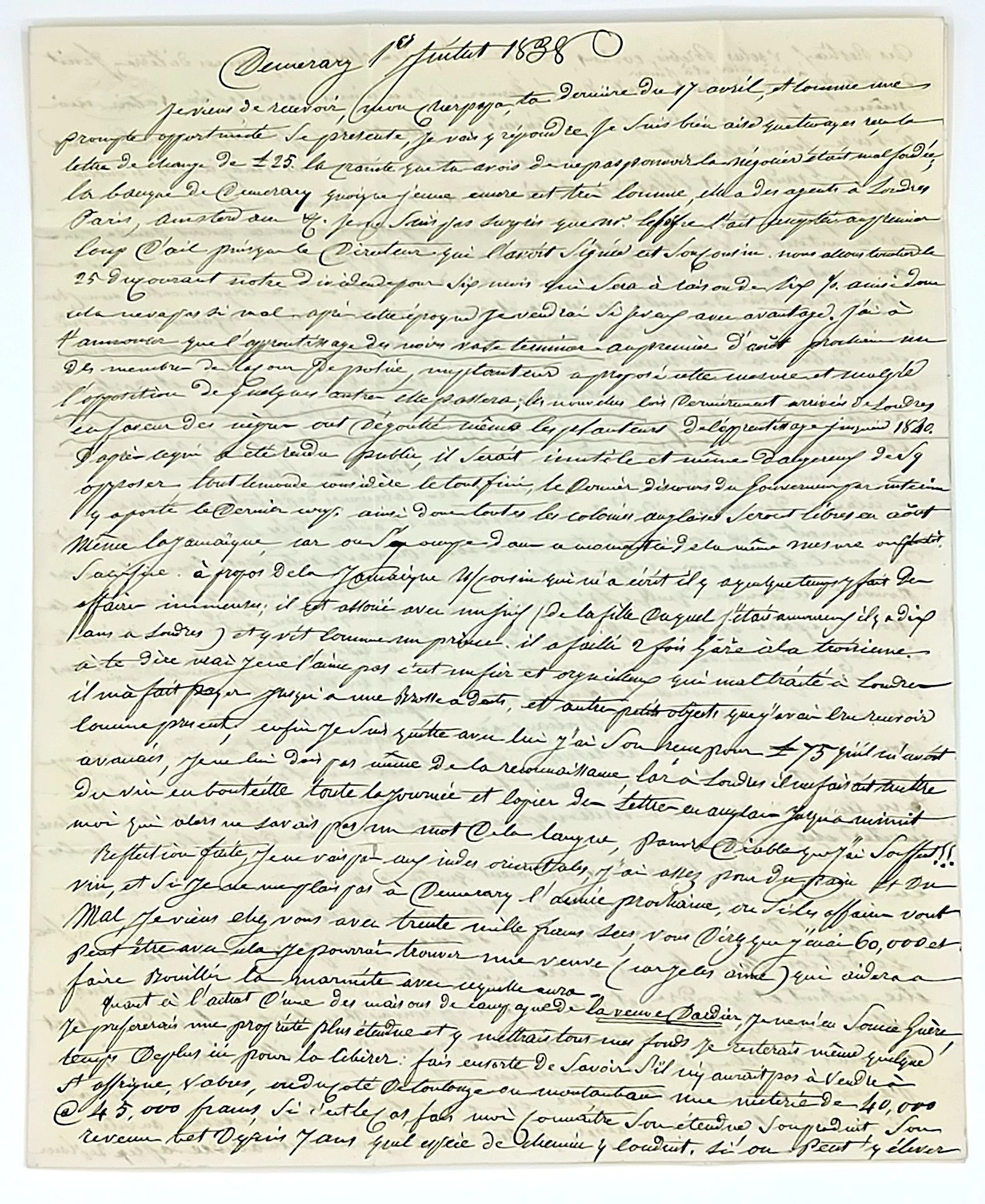 DEMERARY (British Guiana), July 1, 1838. A beautiful letter - Lot 599