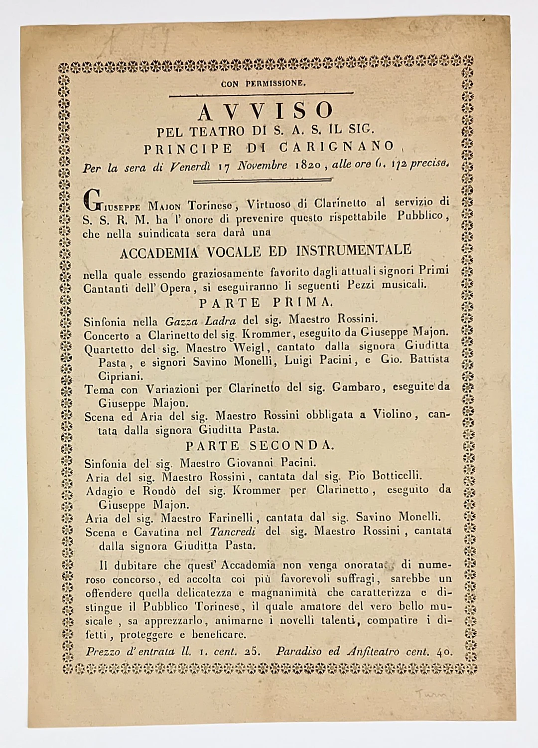 SAVOIE-CARIGNAN. Avis du Théâtre de Sa Majesté le Prince de - Lot 440