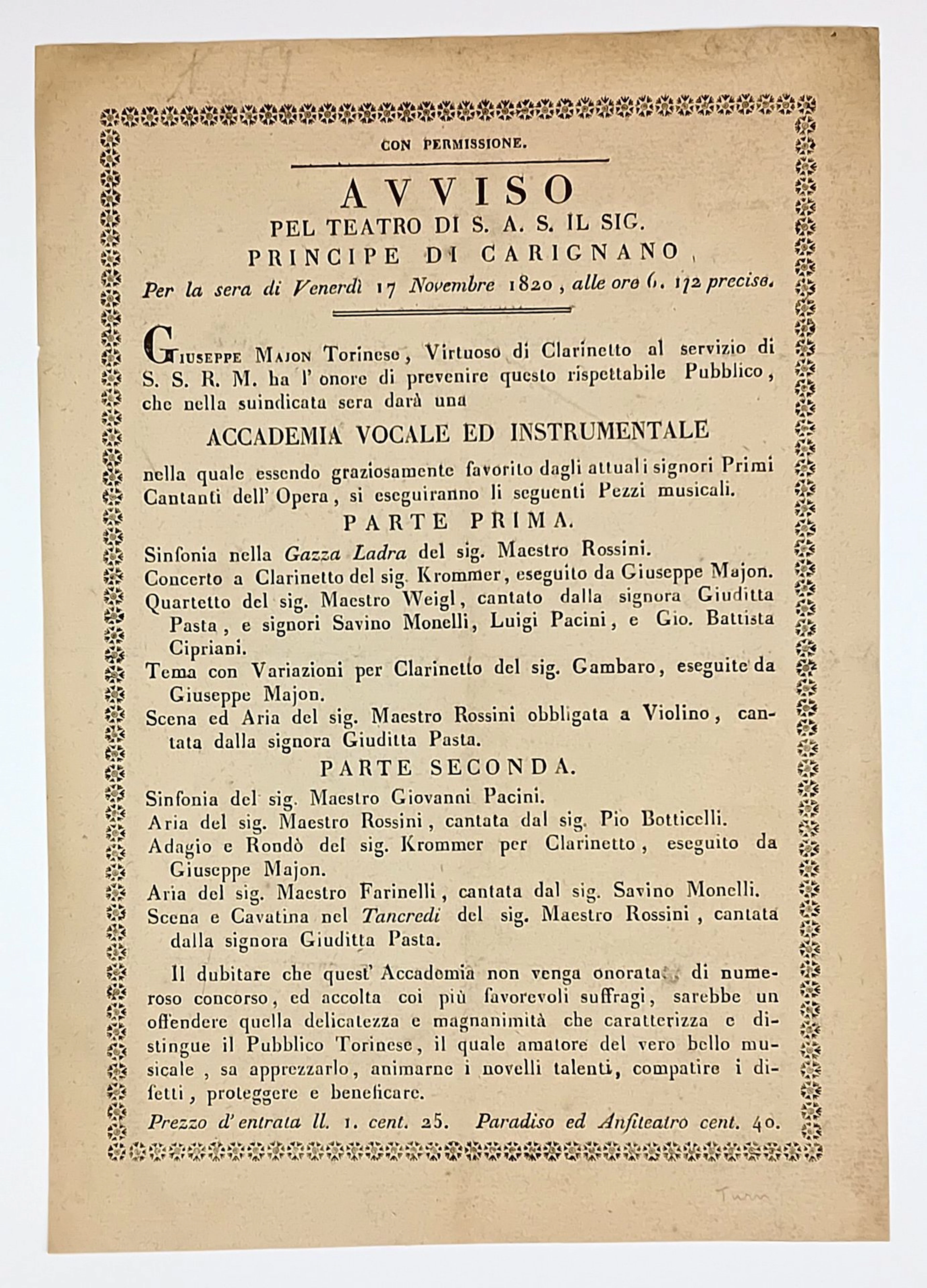 SAVOIE-CARIGNAN. Avis du Théâtre de Sa Majesté le Prince de - Lot 440