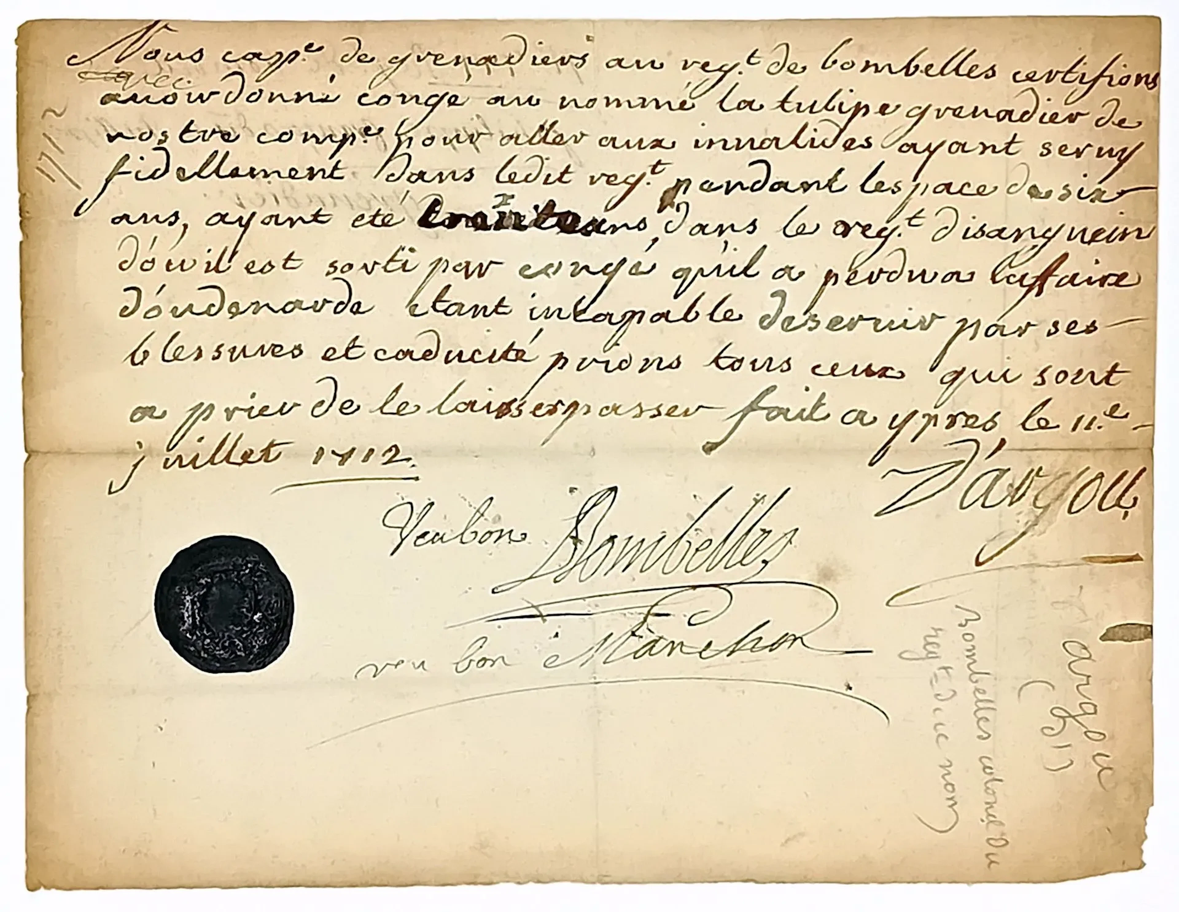 GRENADIERS. 1712. BOMBELLES REGIMENT. Document signed by D’A - Lot 111