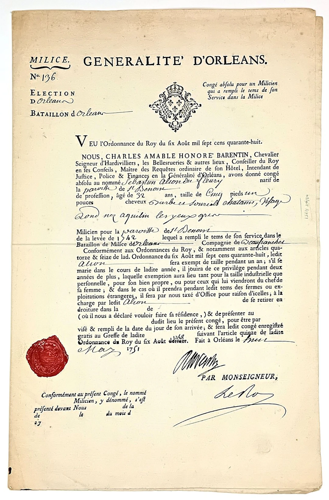 MILICE. ORLÉANS BATTALION. Absolute discharge for a Milicien - Lot 79