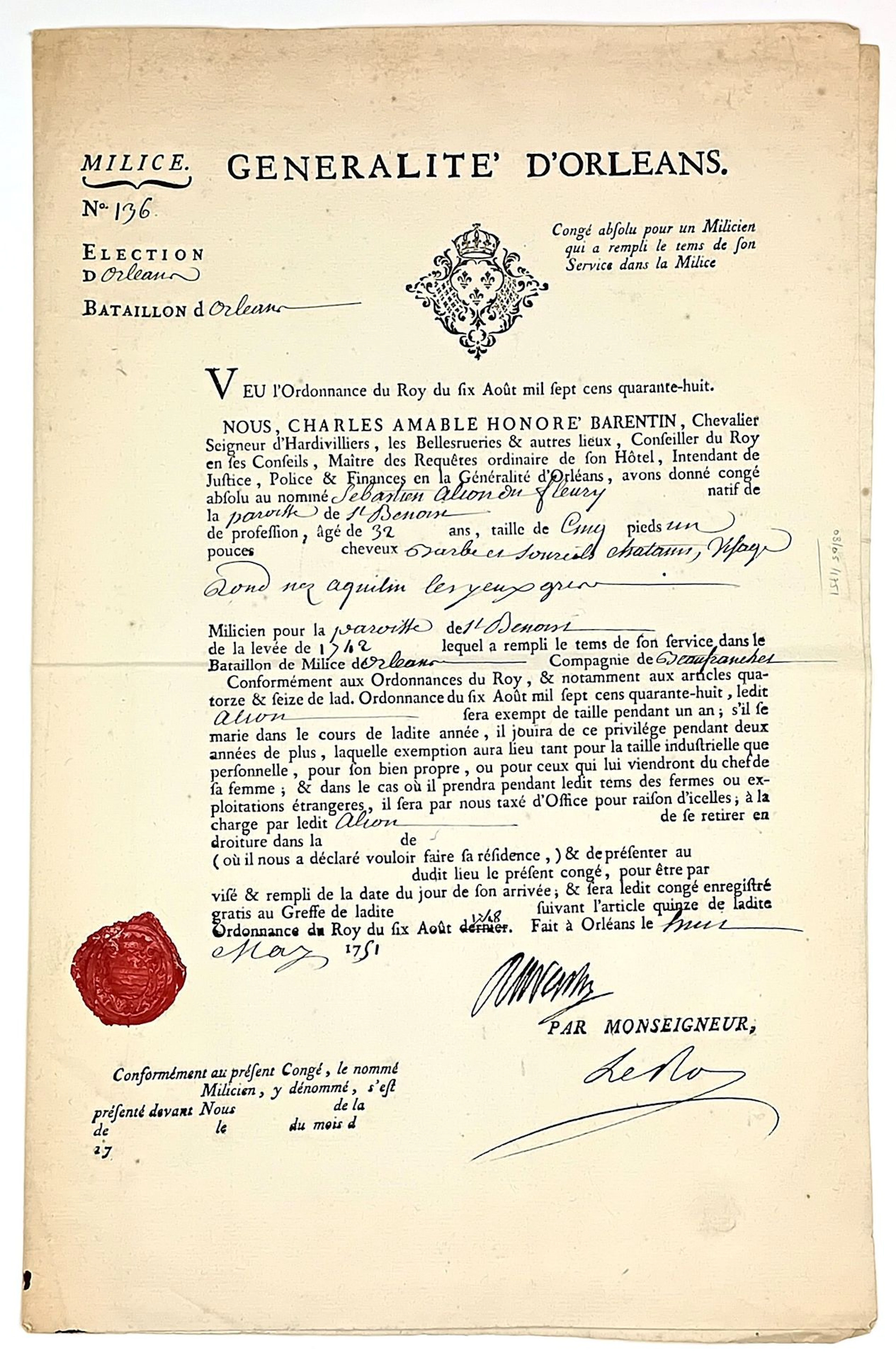 MILICE. ORLÉANS BATTALION. Absolute discharge for a Milicien - Lot 79
