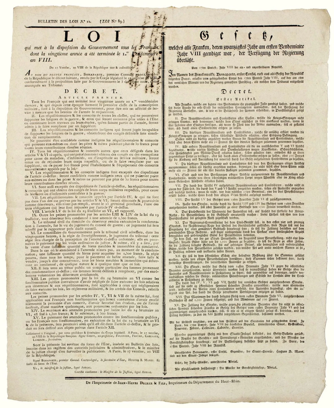 HAUT-RHIN. “LAW making available to the Government all Frenc - Lot 301
