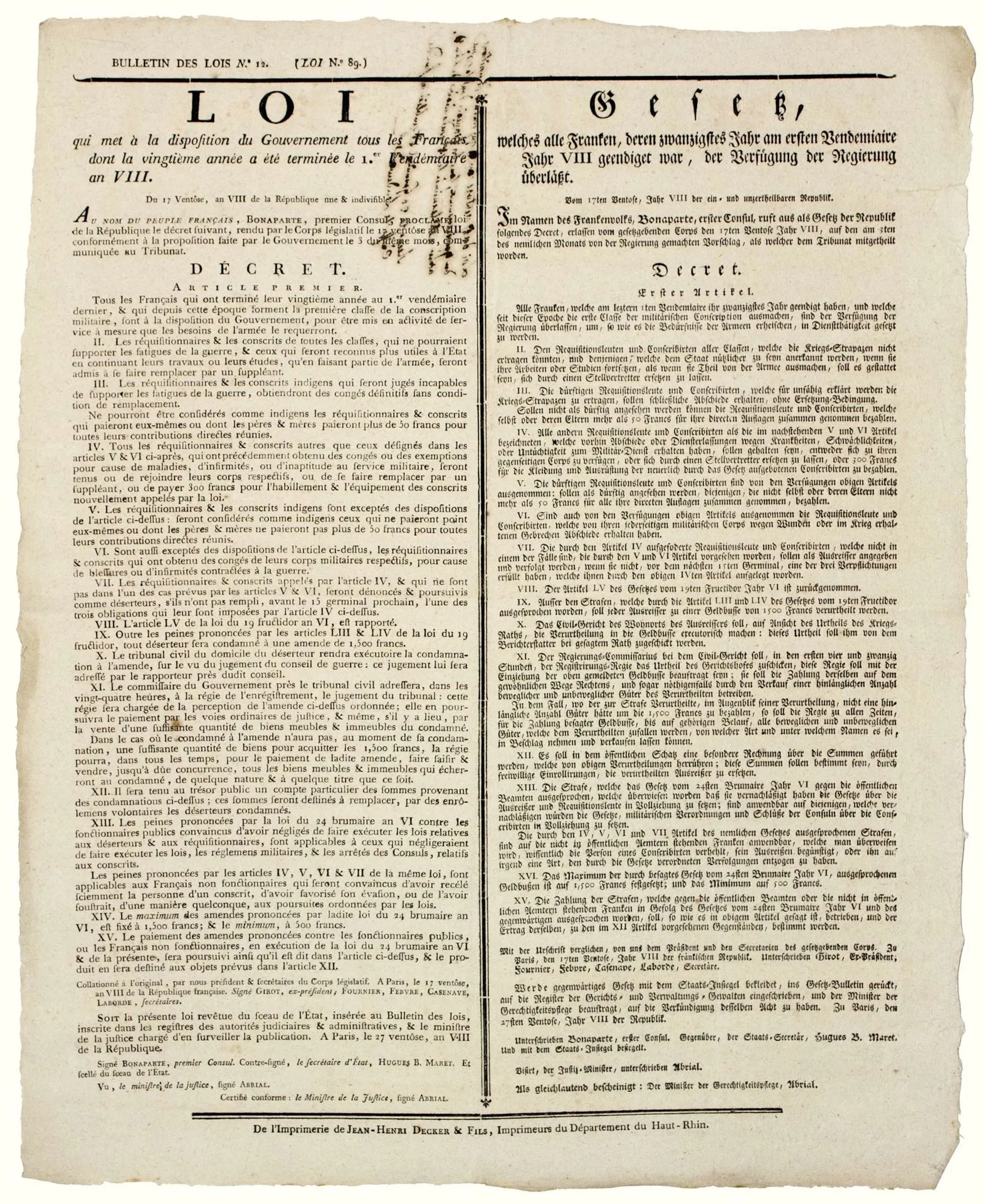 HAUT-RHIN. “LAW making available to the Government all Frenc - Lot 301