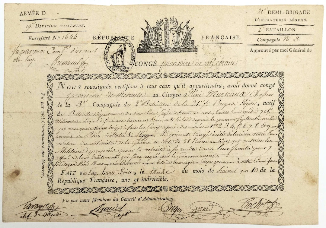 LE PUY (HAUTE-LOIRE). 1802. Military discharge signed by the - Lot 330