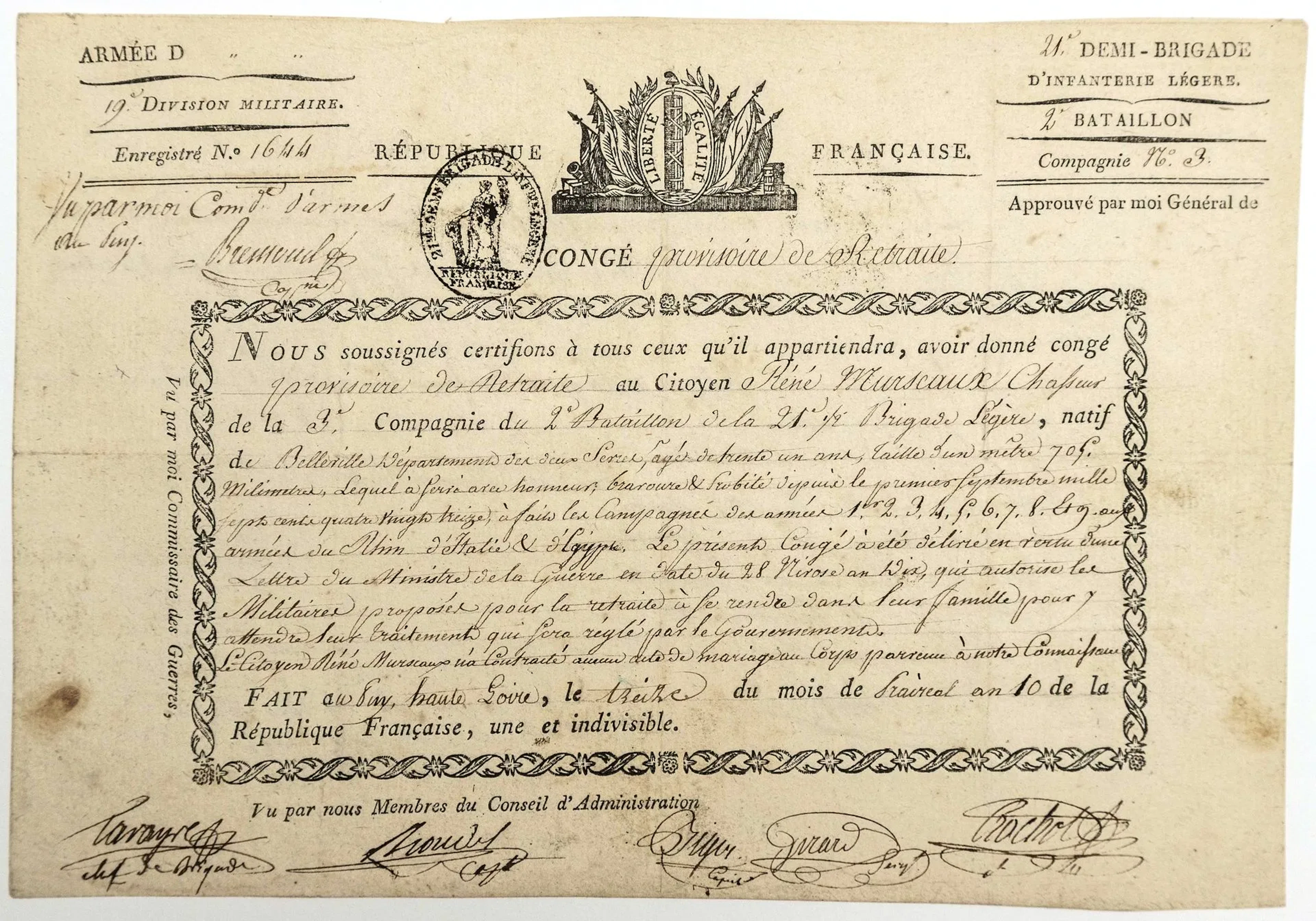 LE PUY (HAUTE-LOIRE). 1802. Military discharge signed by the - Lot 330