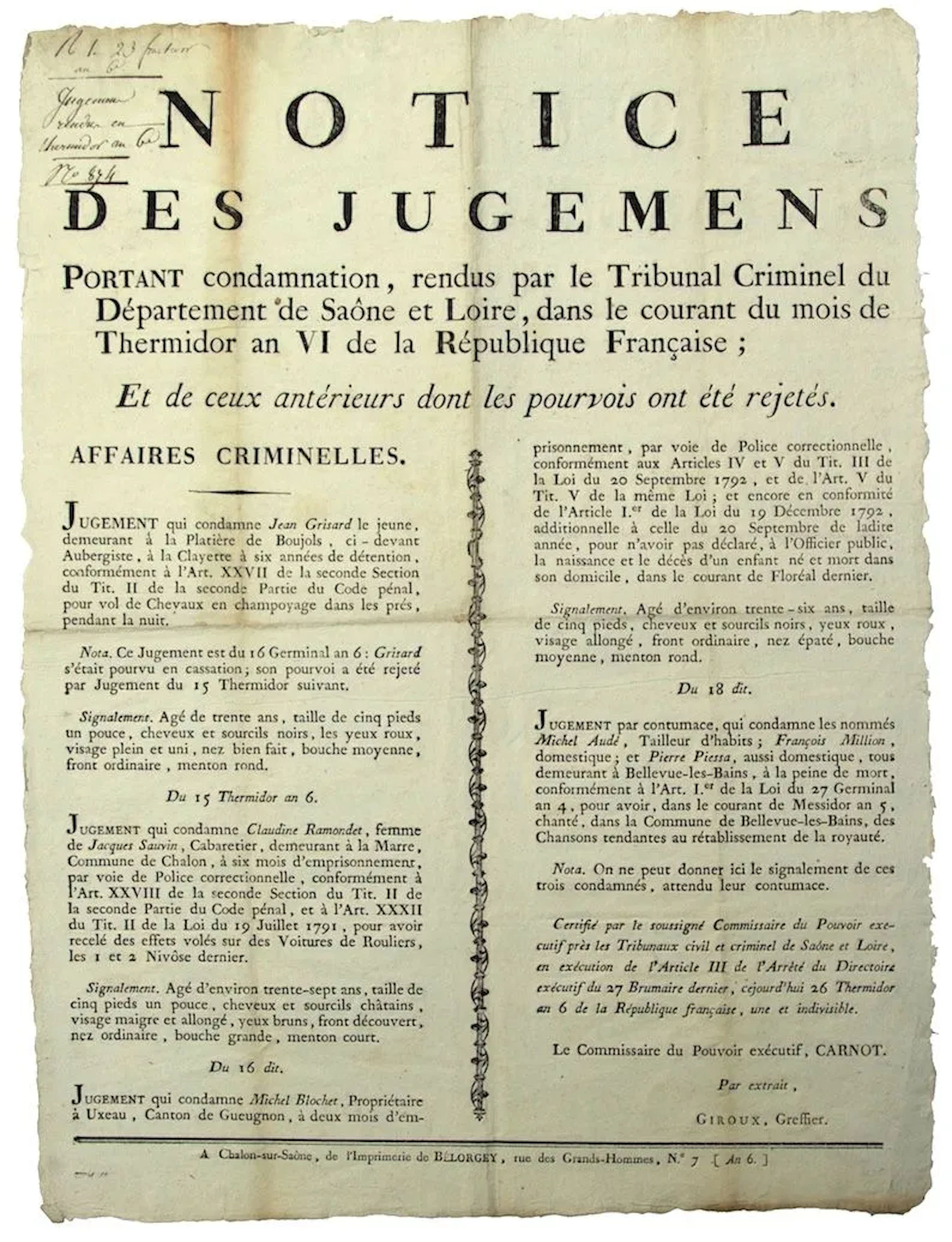 SAÔNE ET LOIRE. Notice des Jugements portant Condamnation pa - Lot 268