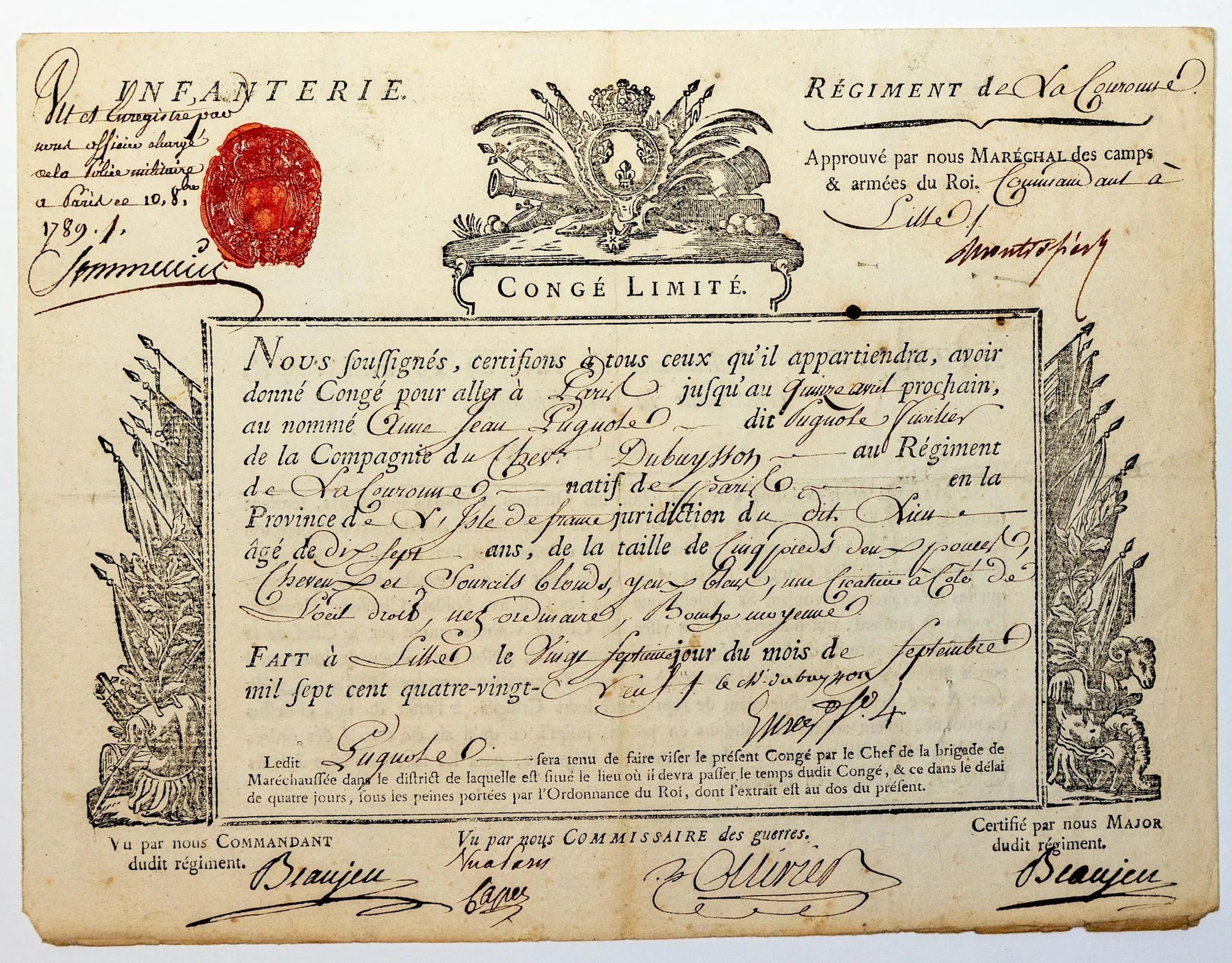 LILLE, NORD 1789. CROWN INFANTRY REGIMENT – Document signed - Lot 372