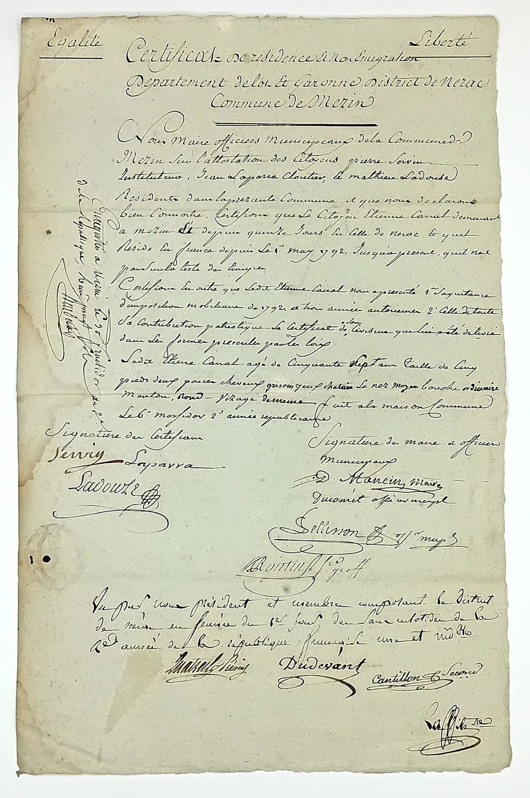 LOT-ET-GARONNE. NÉRAC MÉZIN. Certificat de résidence et de n - Lot 237