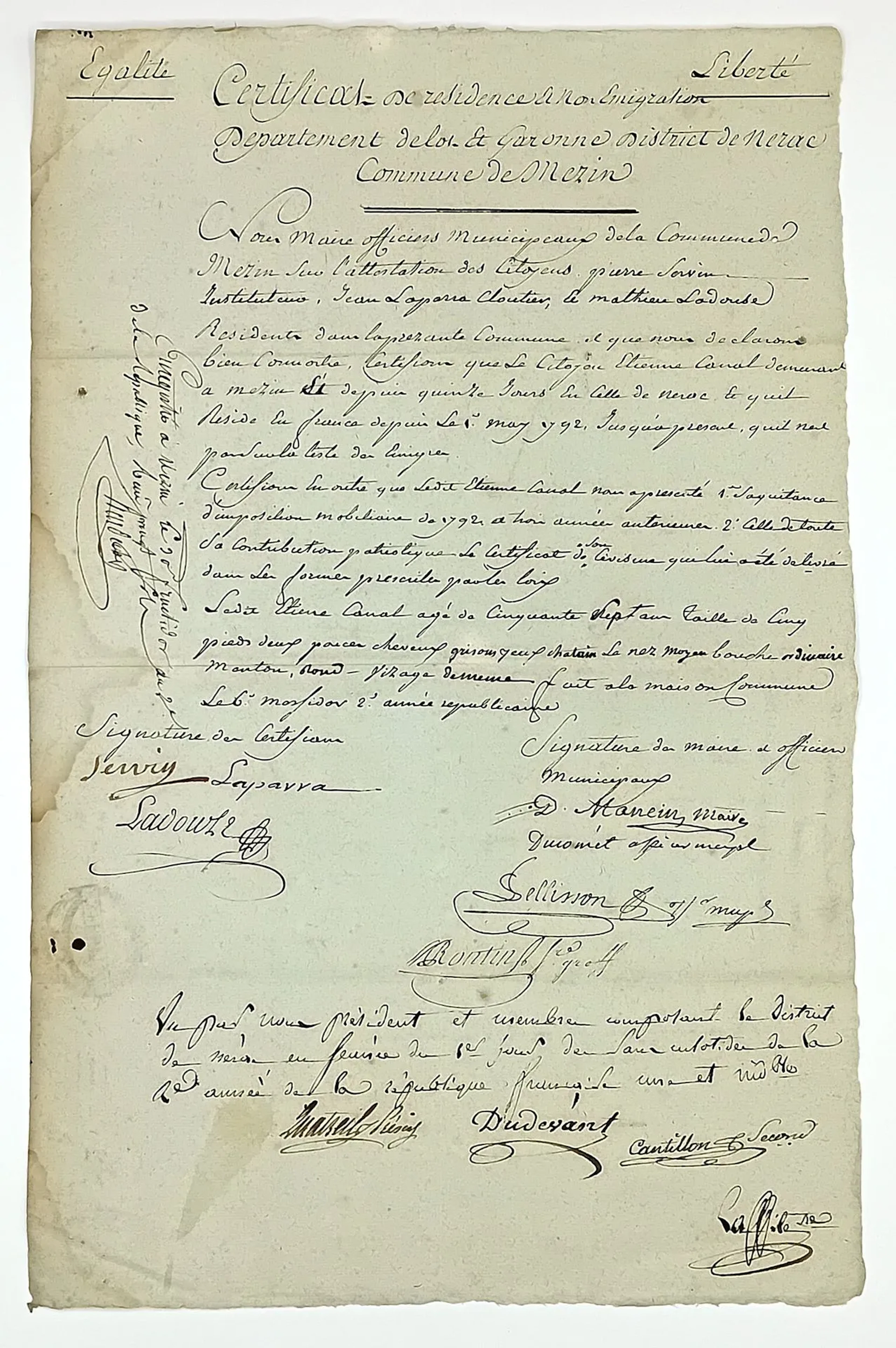 LOT-ET-GARONNE. NÉRAC MÉZIN. Certificat de résidence et de n - Lot 237