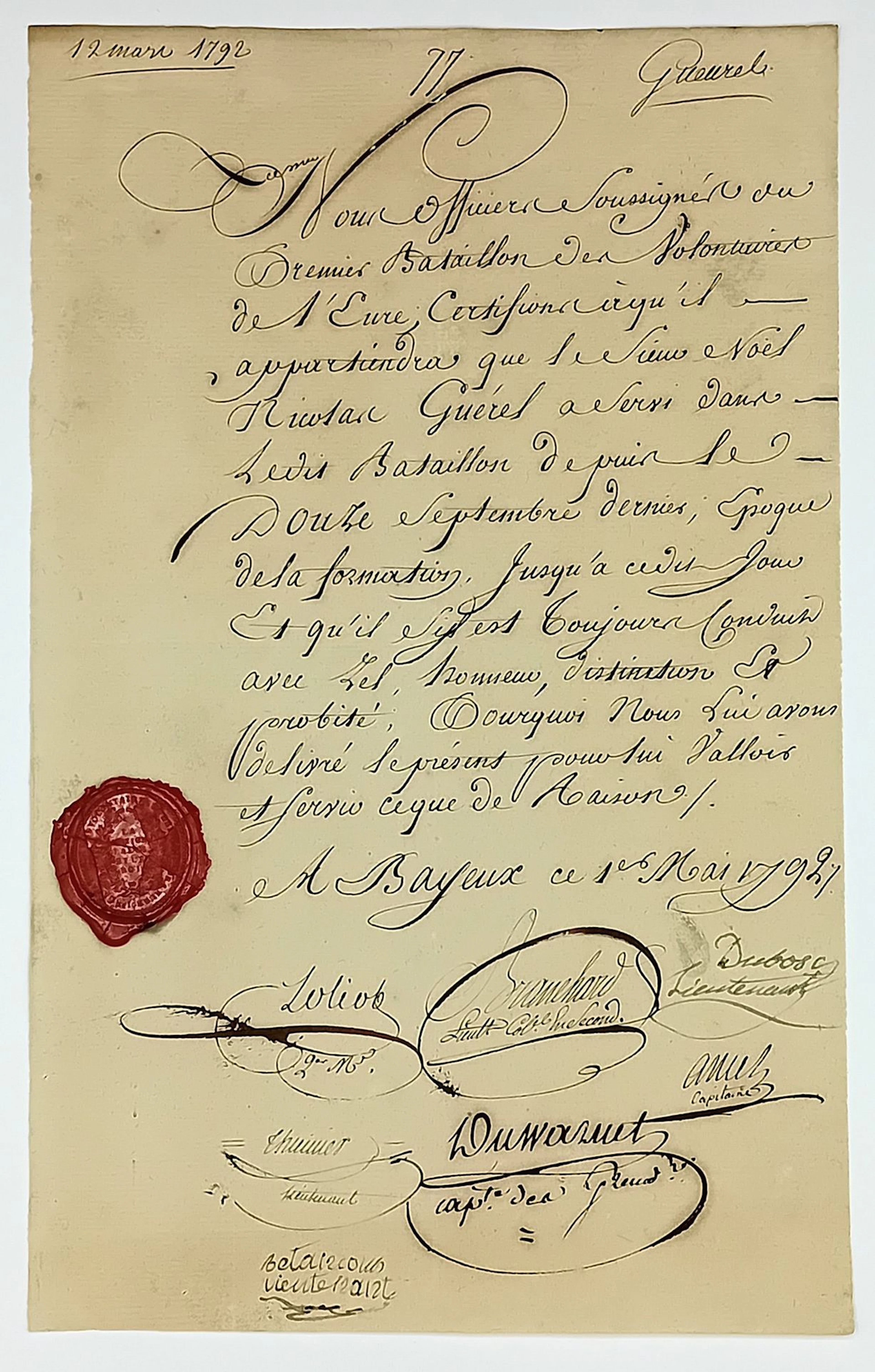 EURE. 1792. Signed document from the Council of the "1er Bat - Lot 210