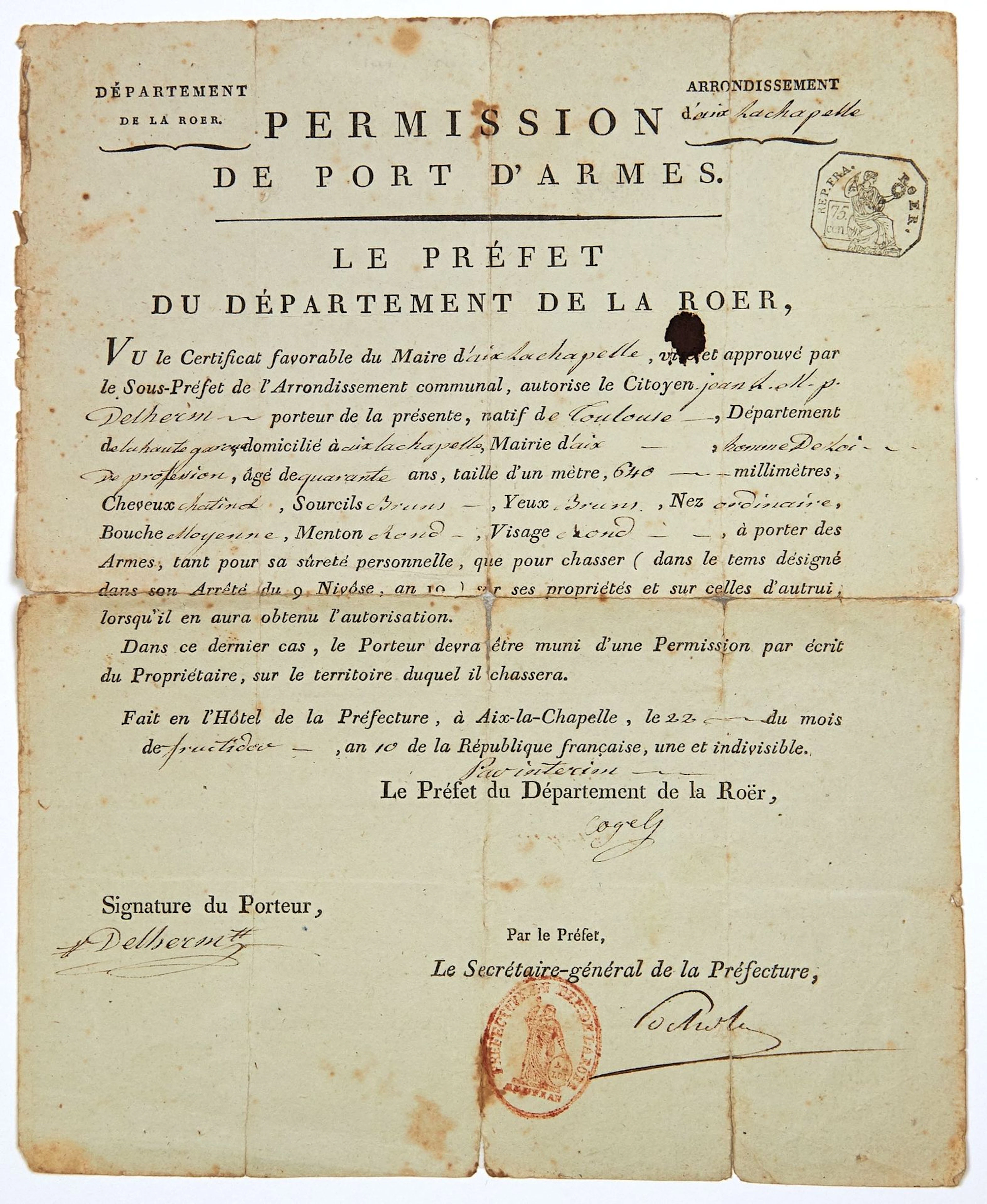DEPARTMENT OF THE ROER. Permit to CARRY FIREARMS for Jean DE - Lot 334