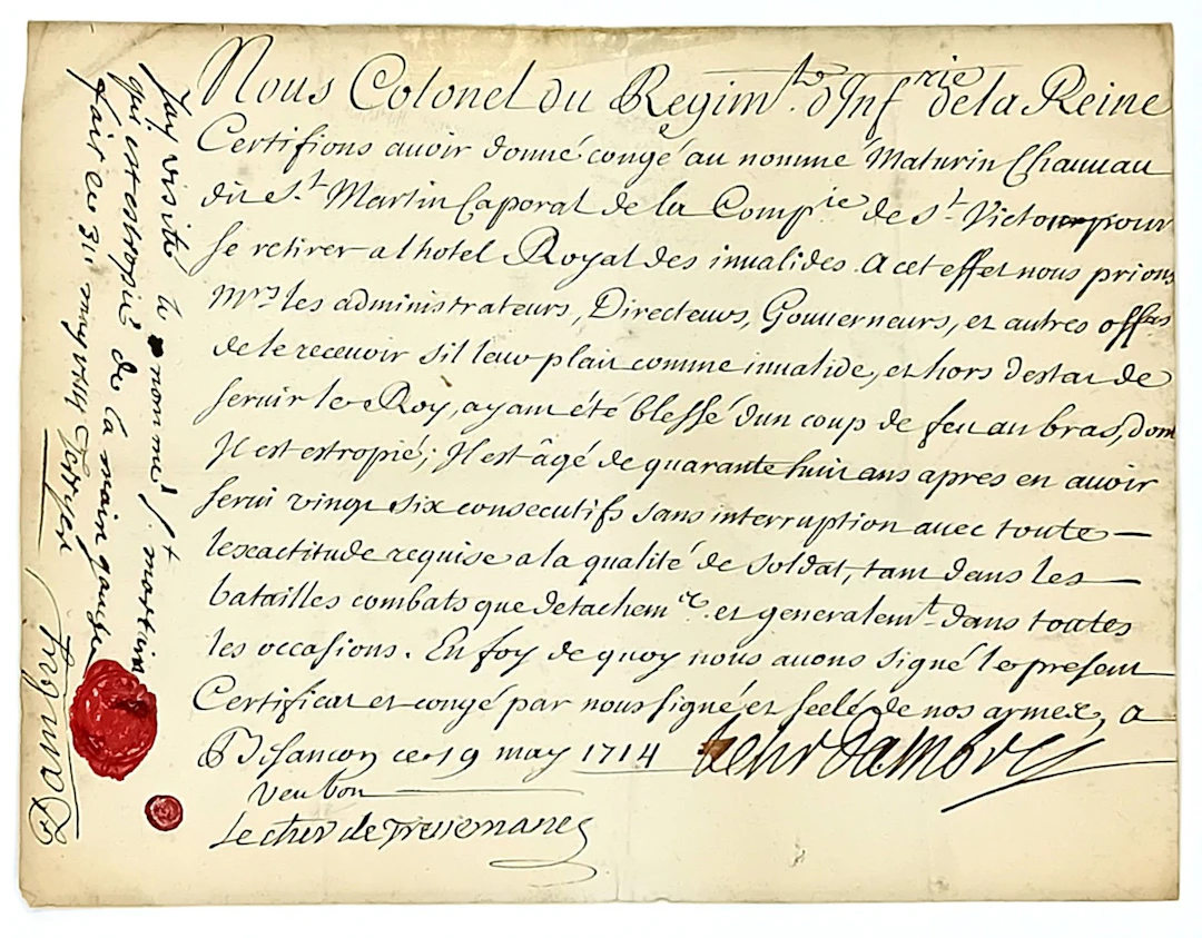 DOUBS. BESANÇON, May 19, 1714. Military certificate and disc - Lot 52