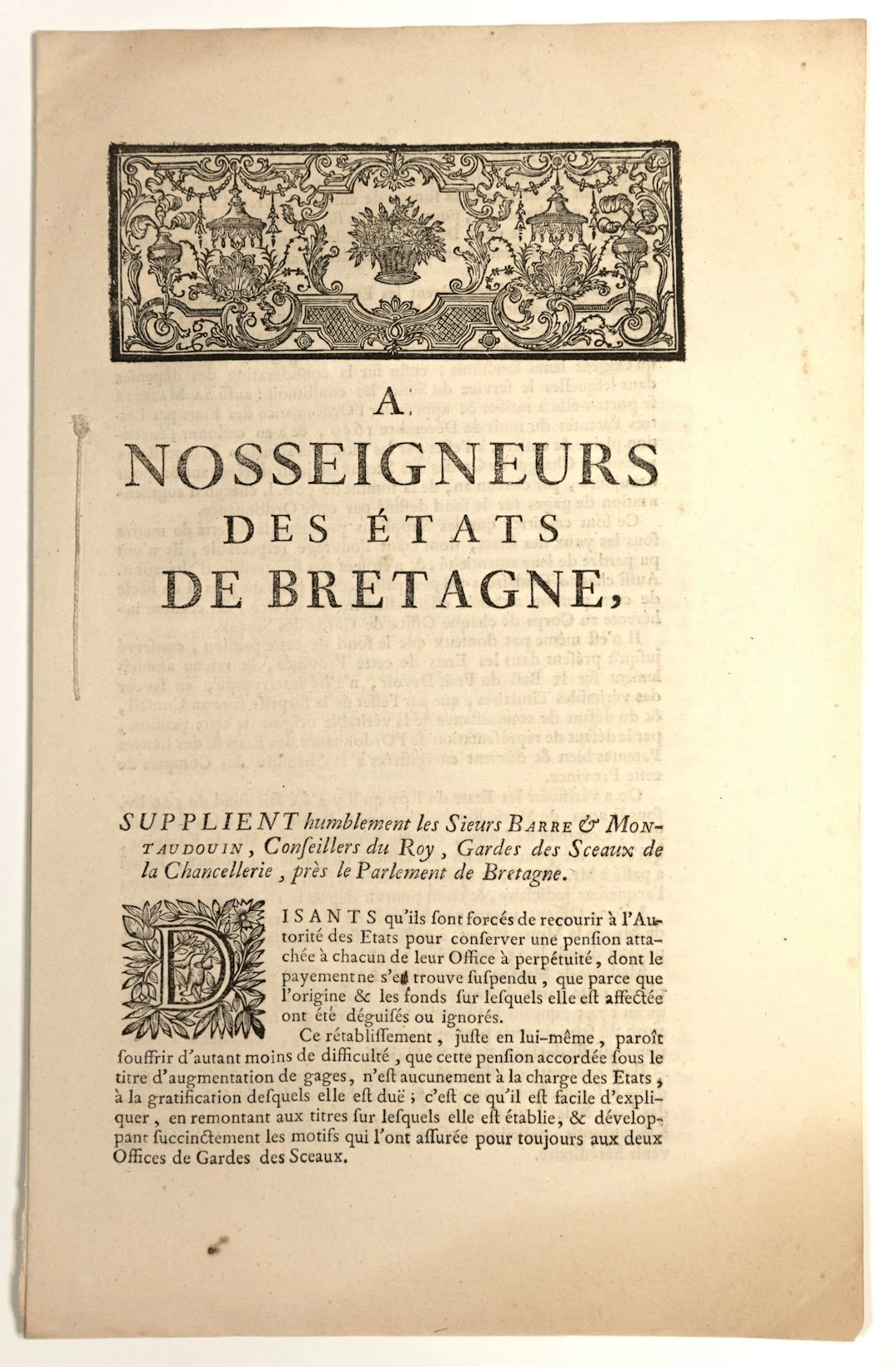 ESTATES OF BRITTANY. Printed petition from Messrs. de BARRE - Lot 72