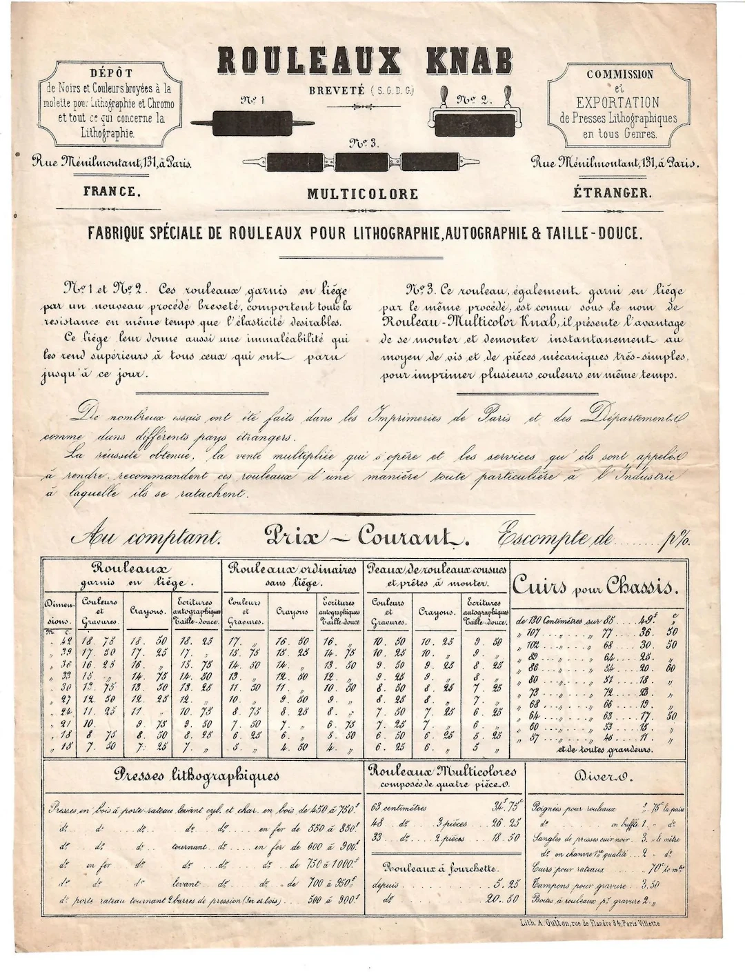 ROLLERS FOR LITHOGRAPHY. Imprint: “KNAB ROLLERS (Patented), - Lot 576