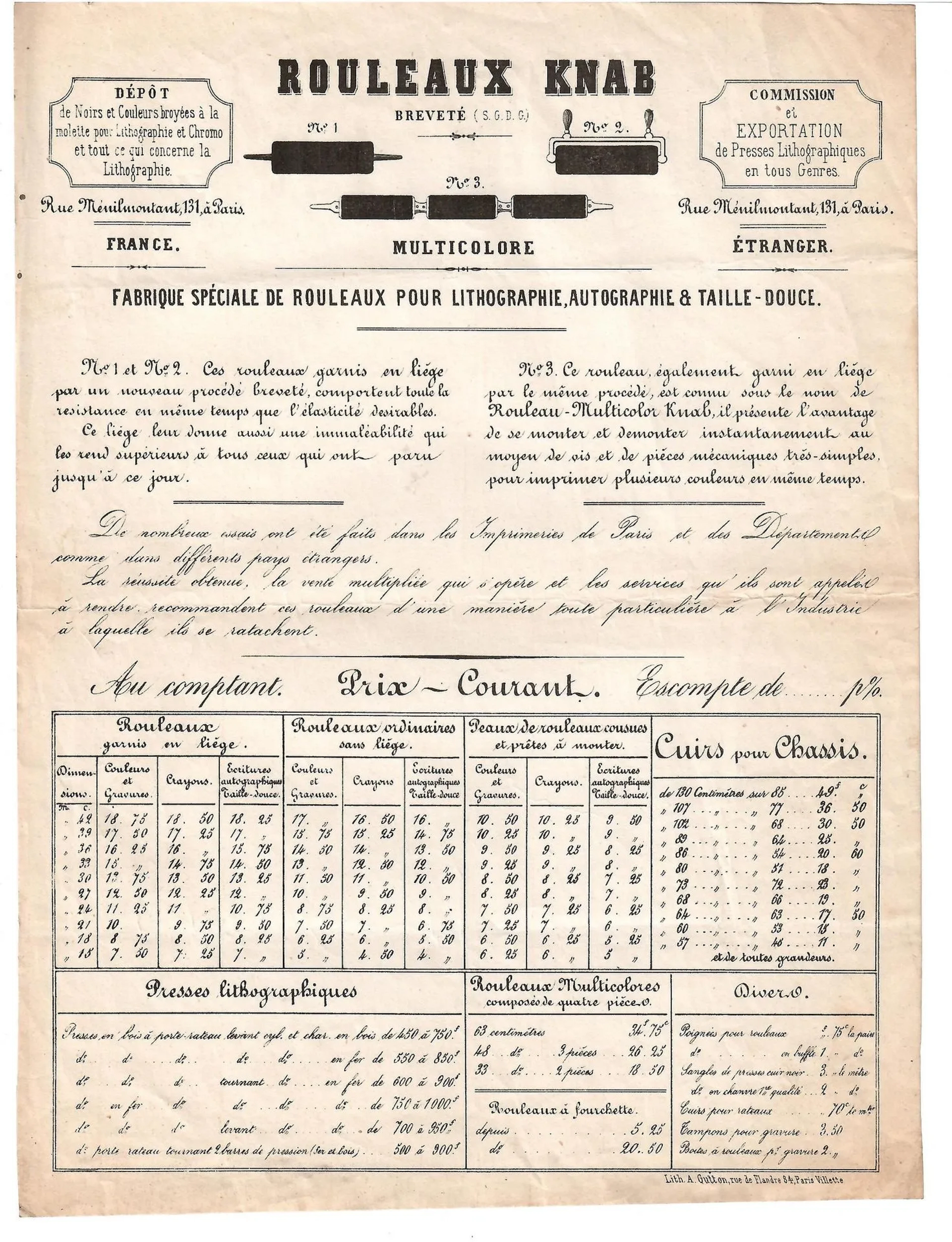 ROLLERS FOR LITHOGRAPHY. Imprint: “KNAB ROLLERS (Patented), - Lot 576