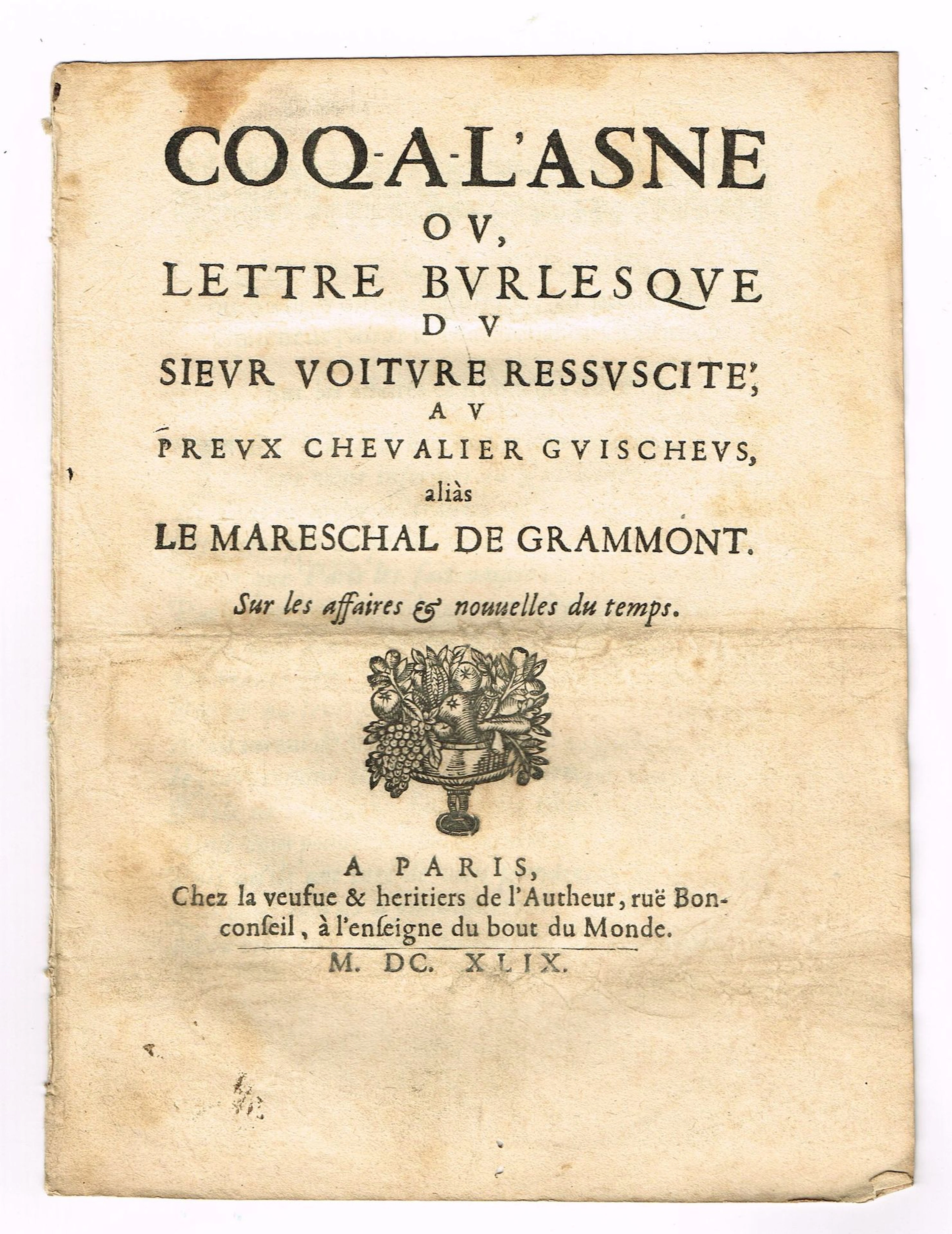 MAZARINADE – A satirical verse piece published during the Fr - Lot 201