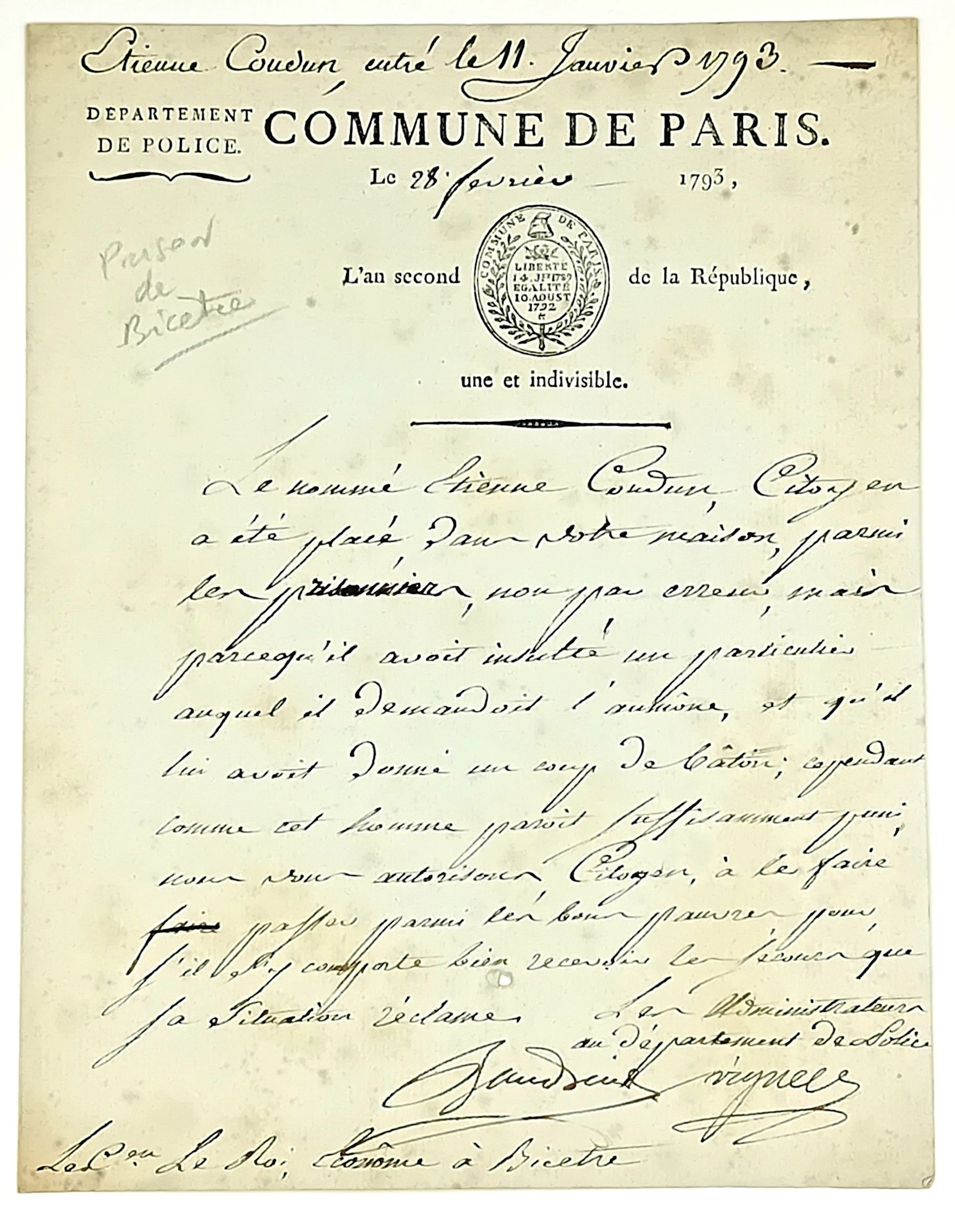 PARIS. BICÊTRE PRISON – Letter signed by two administrators - Lot 240