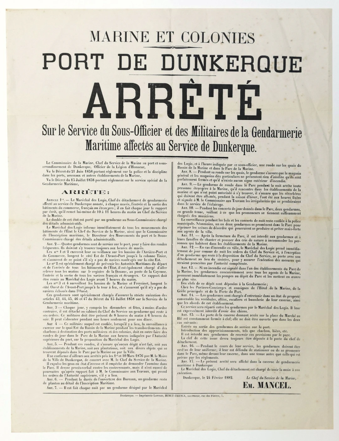 MARINE AND COLONIES. PORT OF DUNKERQUE (North) February 24, - Lot 634