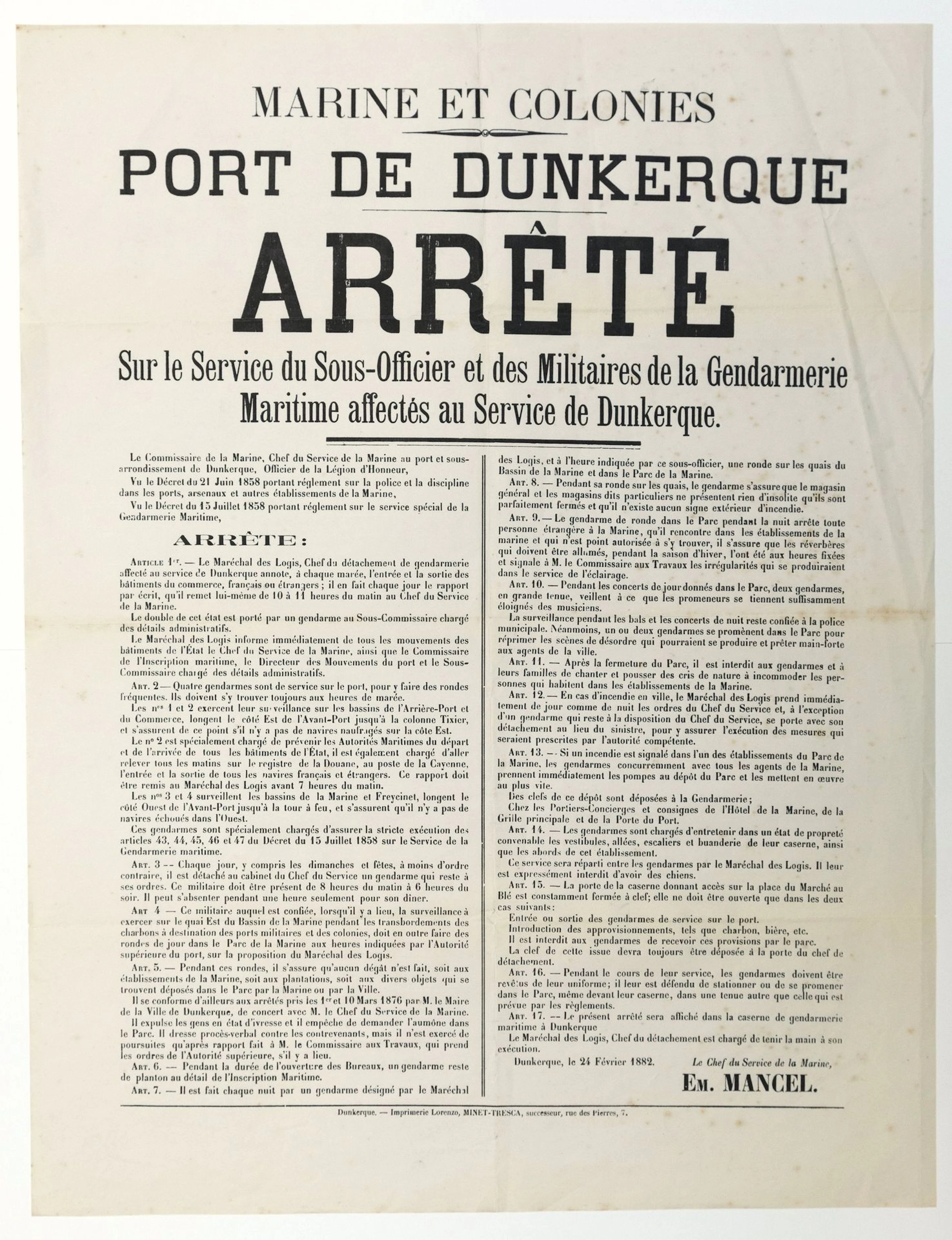 MARINE AND COLONIES. PORT OF DUNKERQUE (North) February 24, - Lot 634