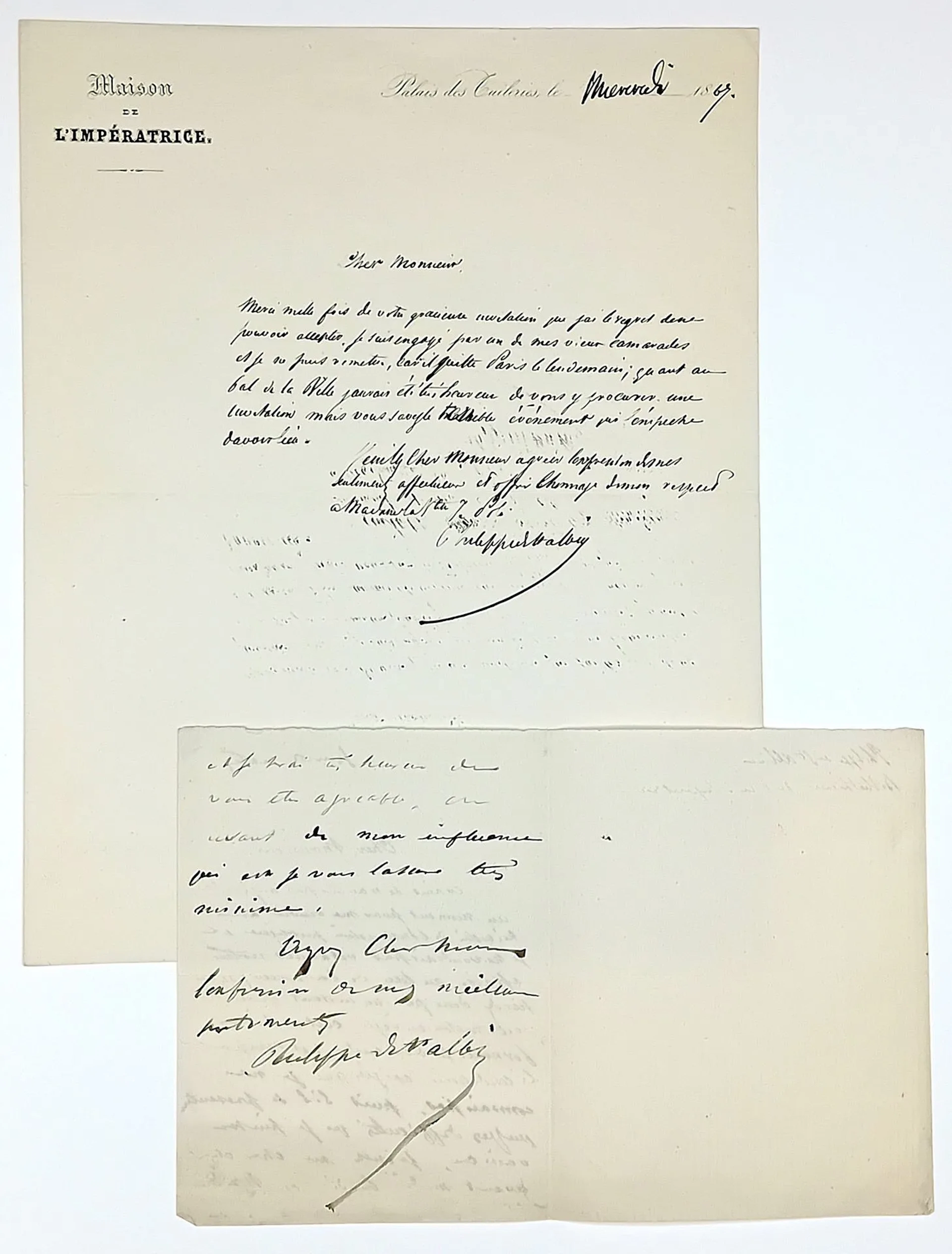 EMPRESS’S RESIDENCE (Imperial letterhead) Tuileries Palace, - Lot 607