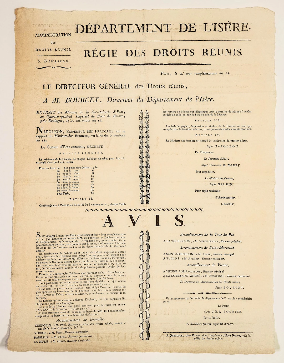 CUSTOMS 1803. TOBACCO. "Département de l'ISÈRE, Régie des DR - Lot 339