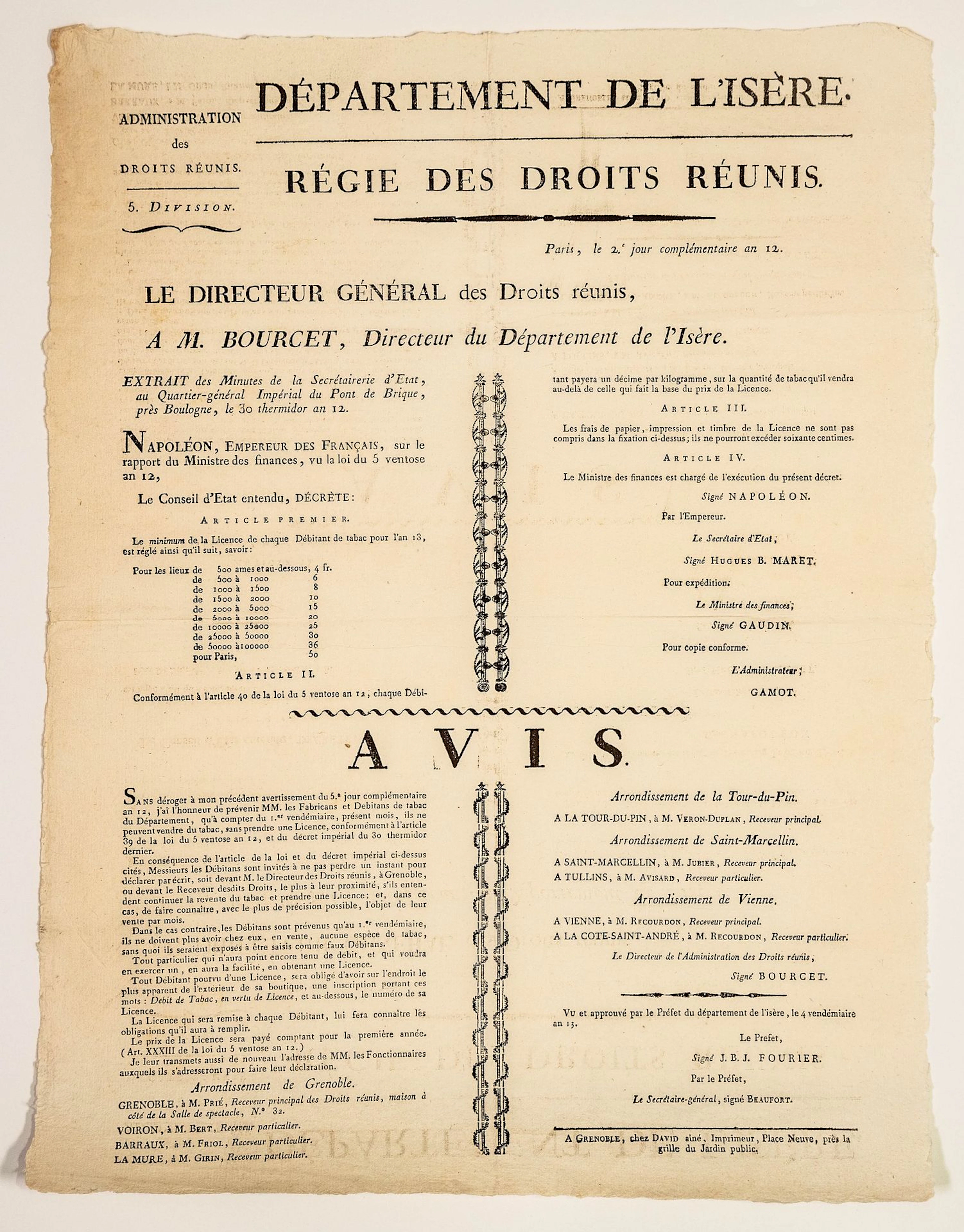 CUSTOMS 1803. TOBACCO. "Département de l'ISÈRE, Régie des DR - Lot 339