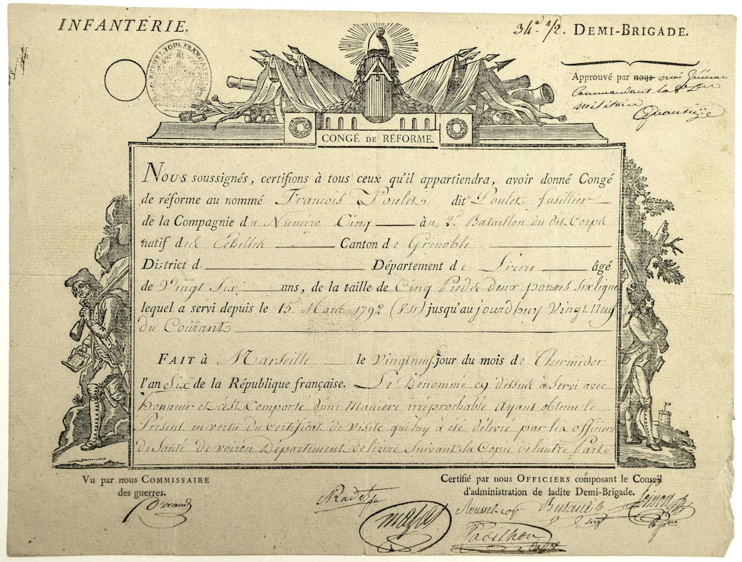 BOUCHES-DU-RHÔNE. 1798. Military discharge signed by General - Lot 269