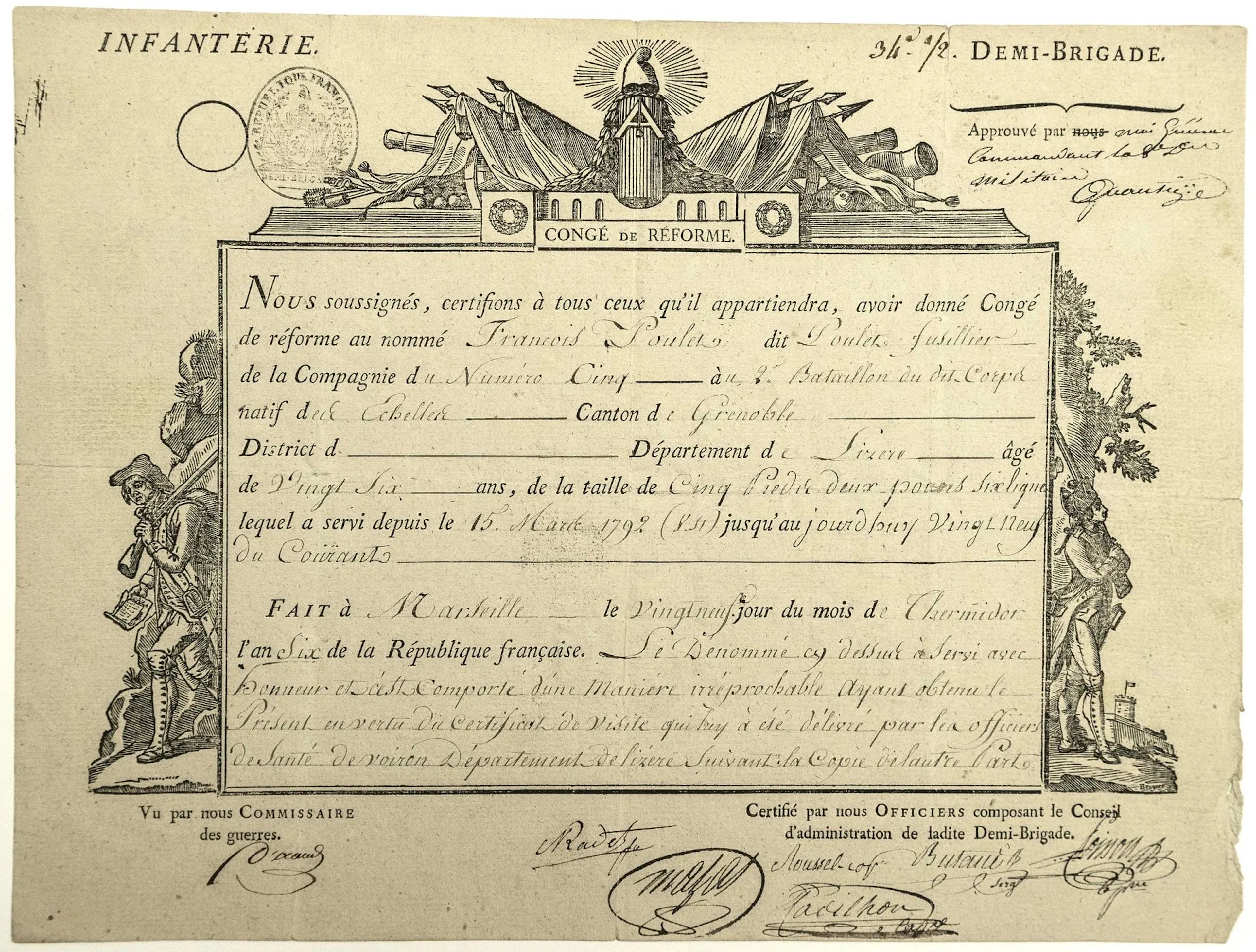 BOUCHES-DU-RHÔNE. 1798. Military discharge signed by General - Lot 269